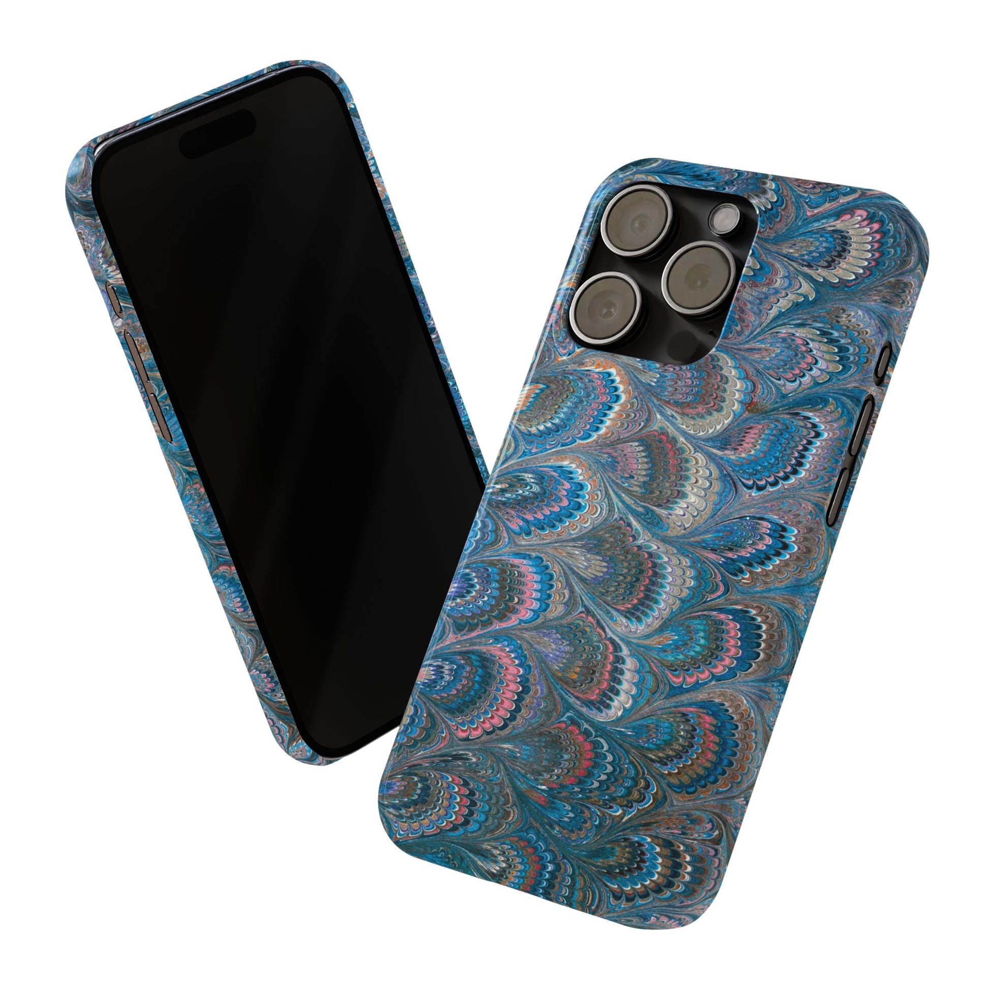 Blue and Pink FEATHER PEACKOCK Marbled VIntage Design, Italian Feather Phone Case, Slim Phone Cases, IPHONE 16 and all sizes