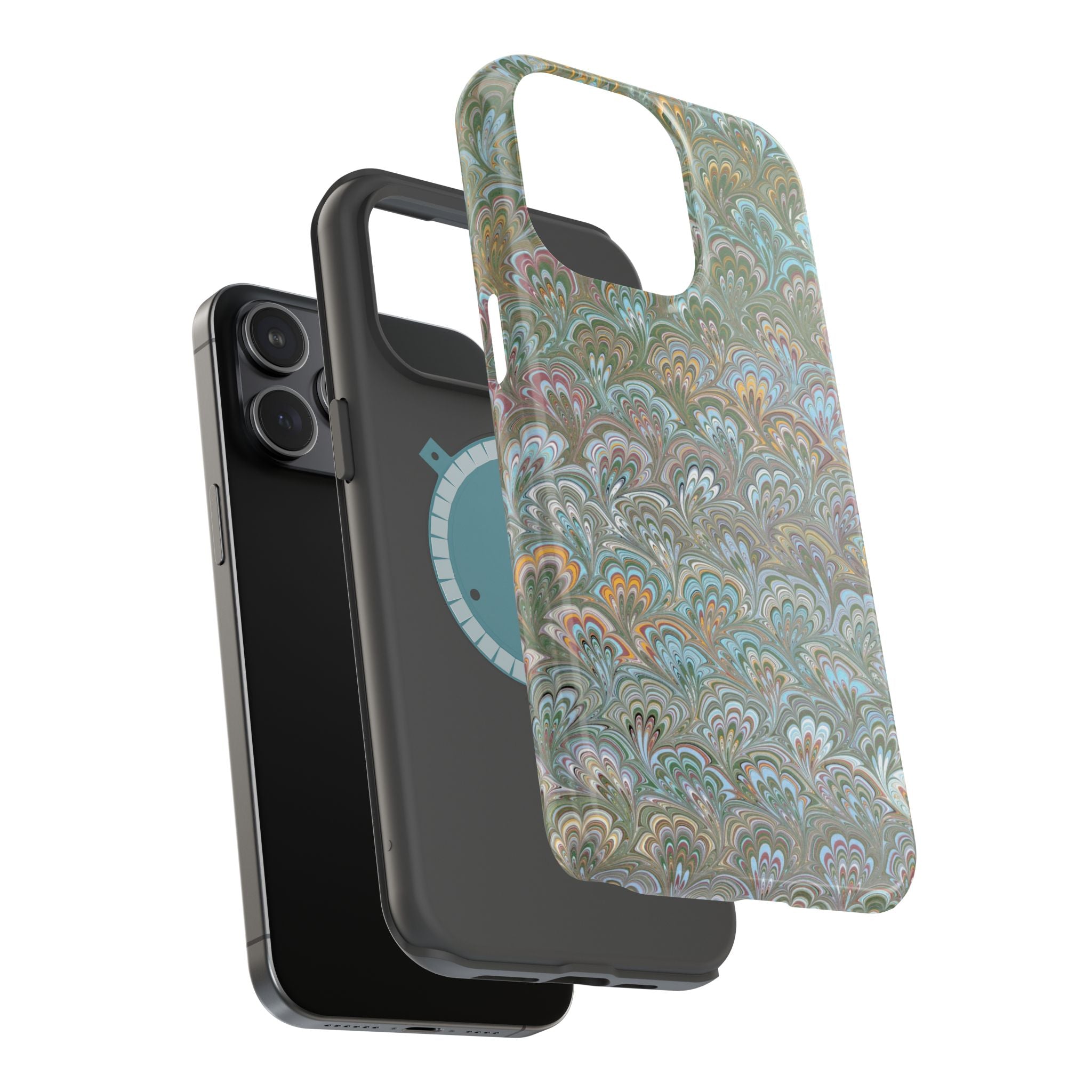 Green, Blue, + White Marbled Peacock - Dual Layer MAG SAFE Phone Case