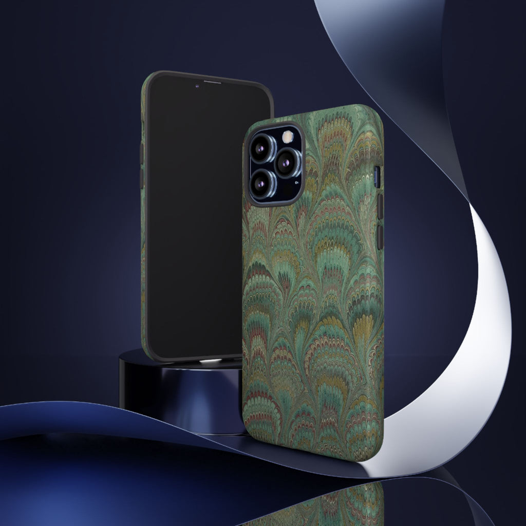 Marbled Peacock Durable Phone Case - Olive Green and Brown - Matte or Glossy