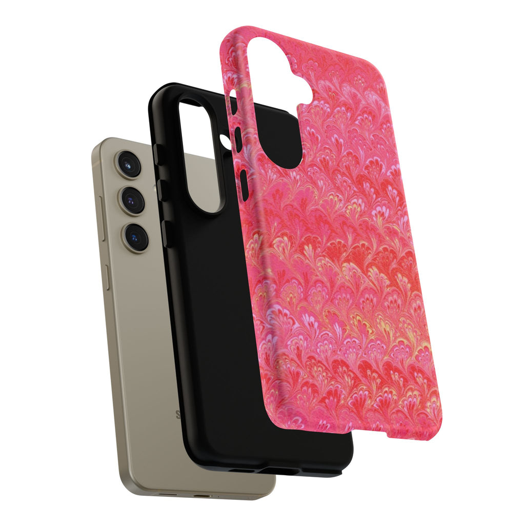 Pink and Gold Marbled Peacock Durable Phone Case - Olive Green and Brown - Matte or Glossy