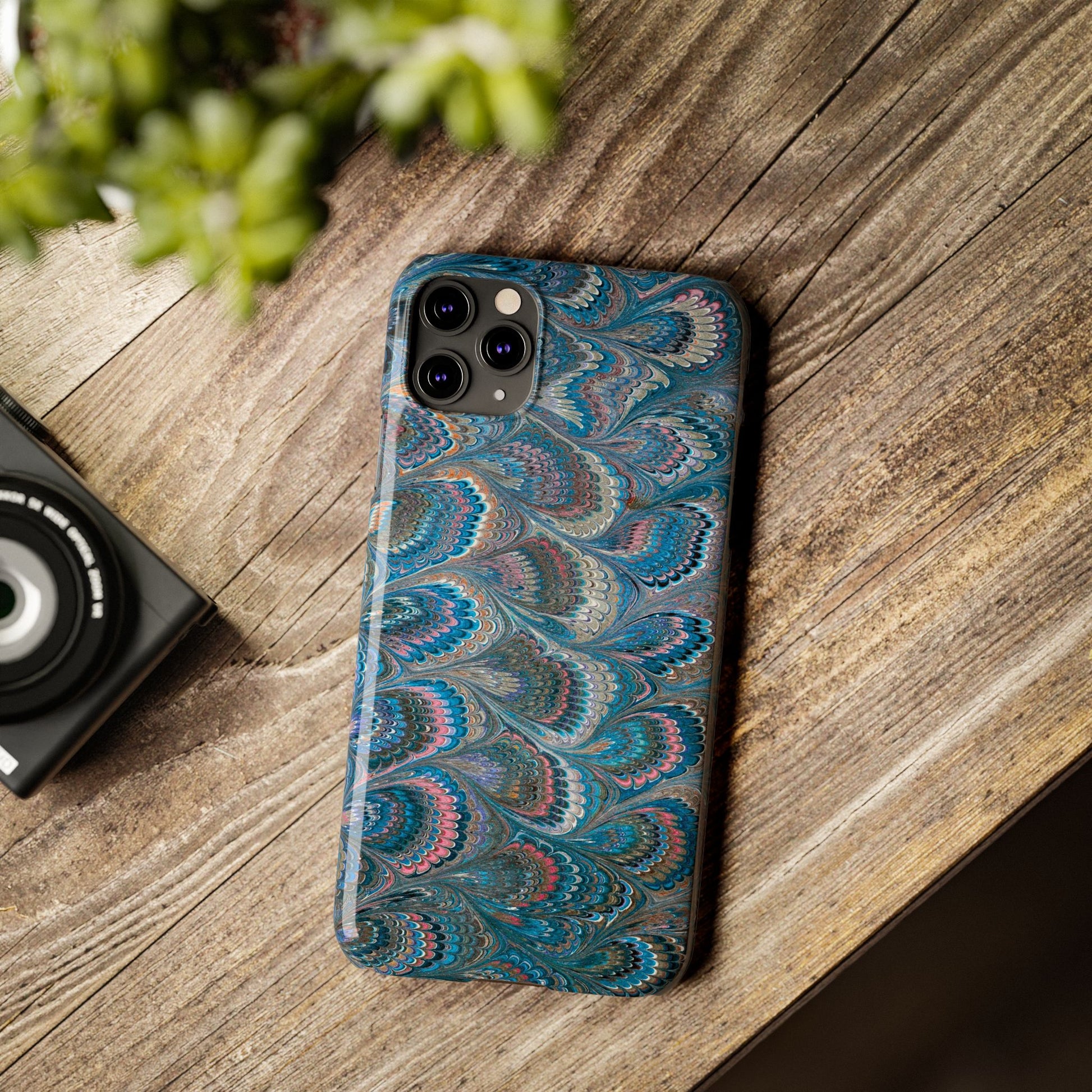 Blue and Pink FEATHER PEACKOCK Marbled VIntage Design, Italian Feather Phone Case, Slim Phone Cases, IPHONE 16 and all sizes