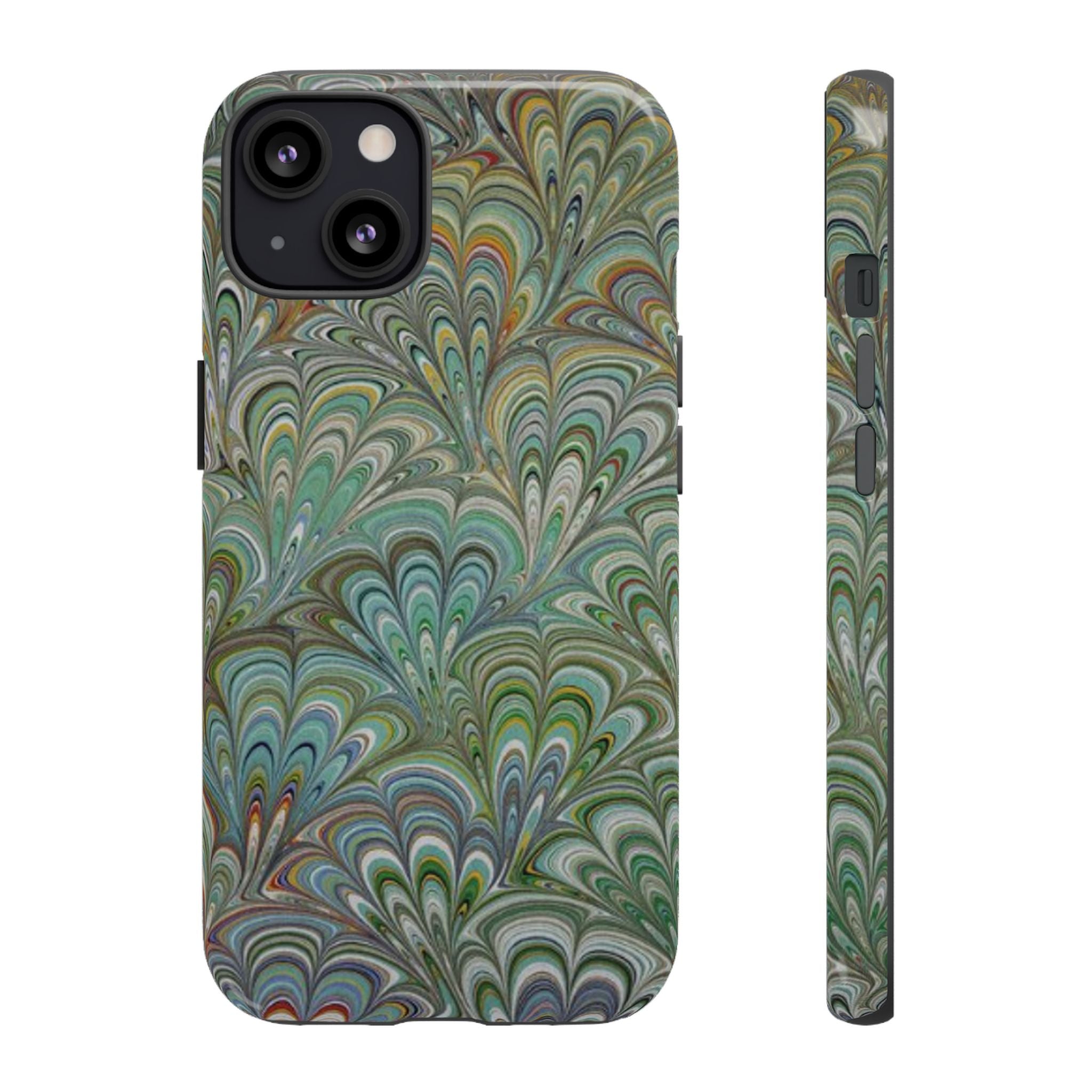 Green Marbled Peacock Durable Phone Case - Olive Green and Brown - Matte or Glossy