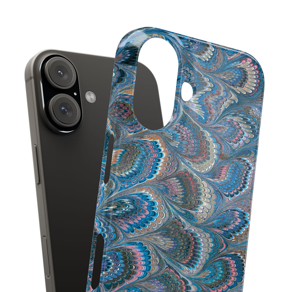 Blue and Pink FEATHER PEACKOCK Marbled VIntage Design, Italian Feather Phone Case, Slim Phone Cases, IPHONE 16 and all sizes