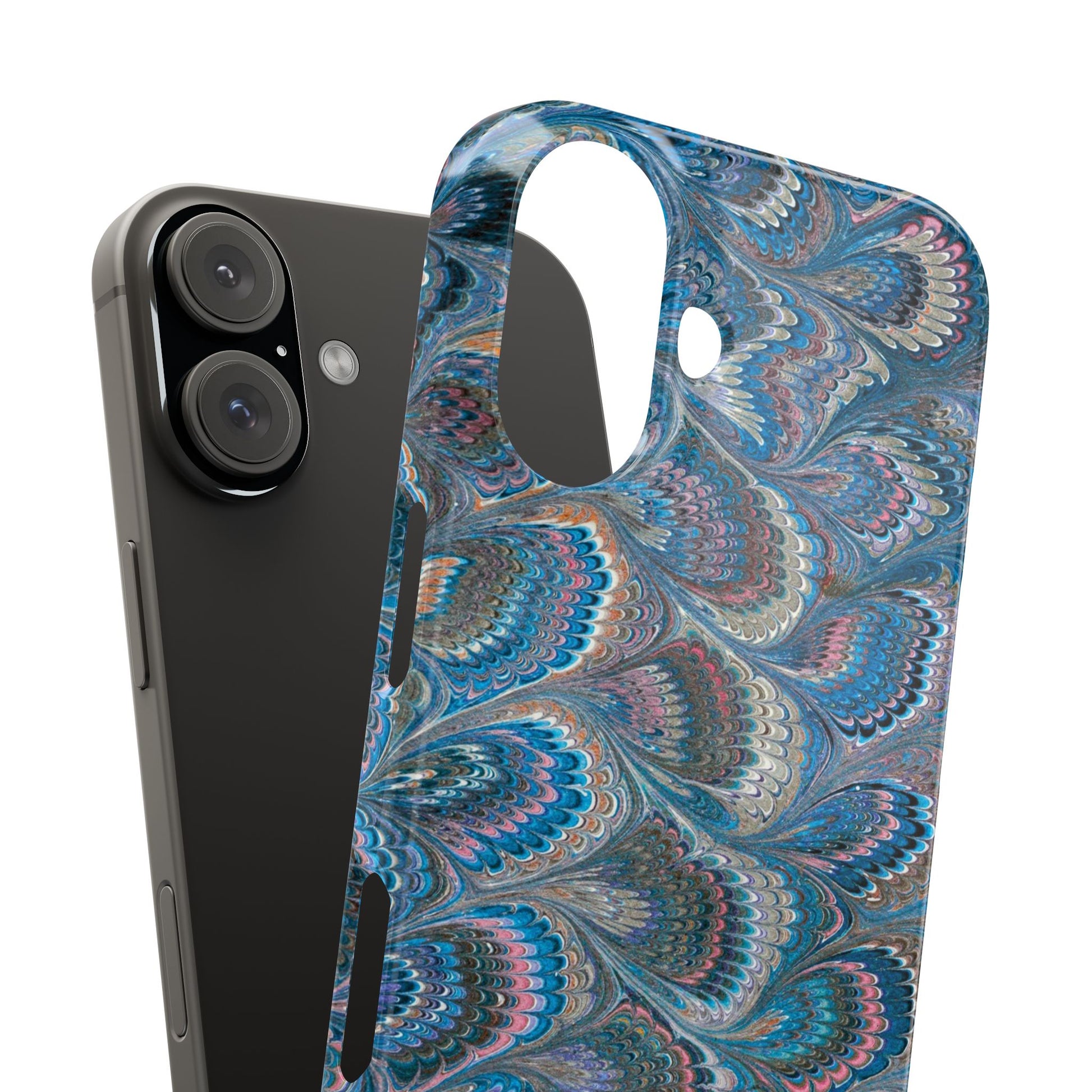 Blue and Pink FEATHER PEACKOCK Marbled VIntage Design, Italian Feather Phone Case, Slim Phone Cases, IPHONE 16 and all sizes