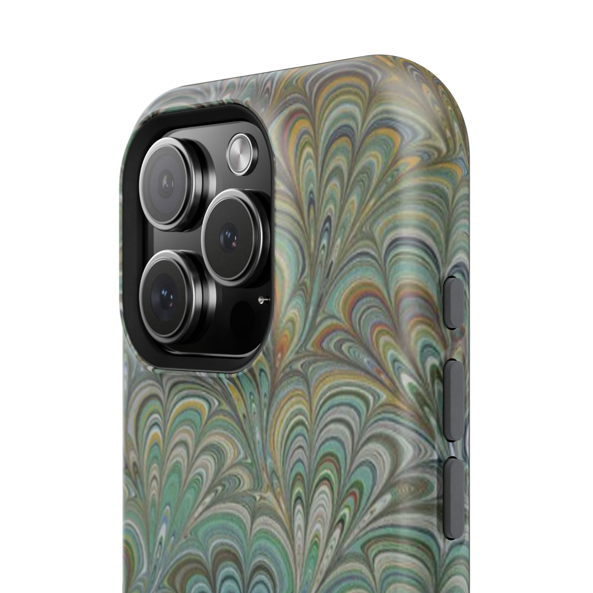iPhone17 + All Models Phone Cases, Italian Peacock Feather Design, Stylish Impact-Resistant Shell, Protective Cover, Green Peacock Print