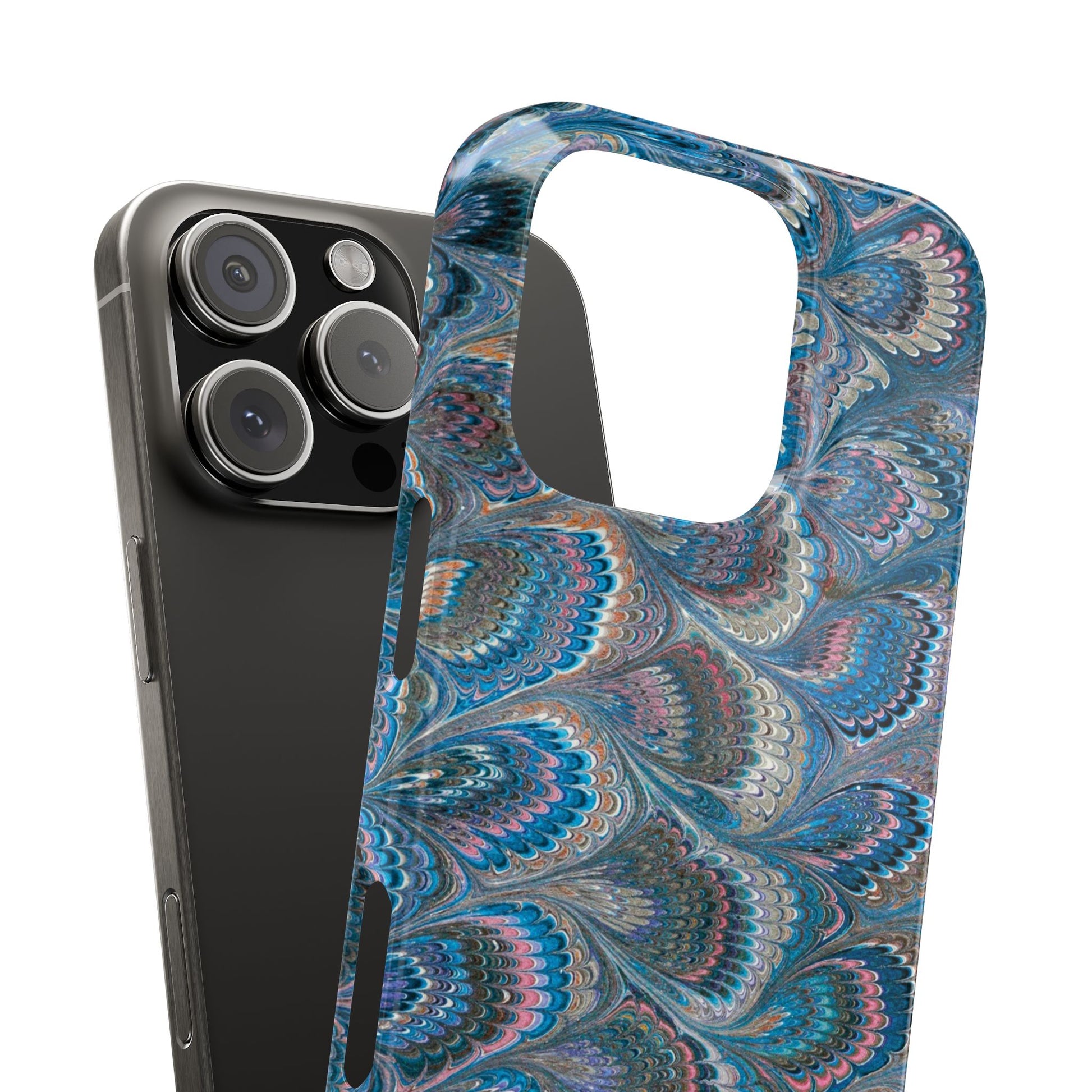 Blue and Pink FEATHER PEACKOCK Marbled VIntage Design, Italian Feather Phone Case, Slim Phone Cases, IPHONE 16 and all sizes