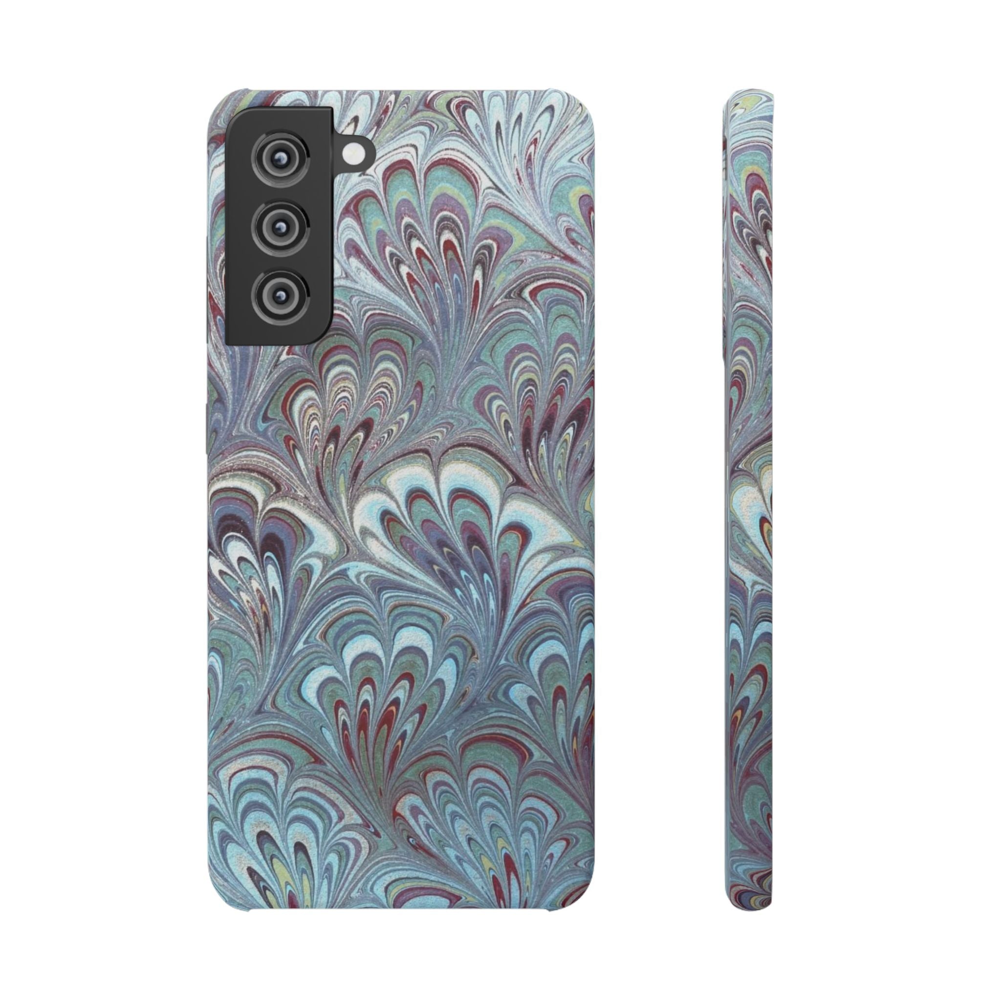 Marbled Feather Blue, White + Burgundy Swirl - Single Layer Slim Phone Case