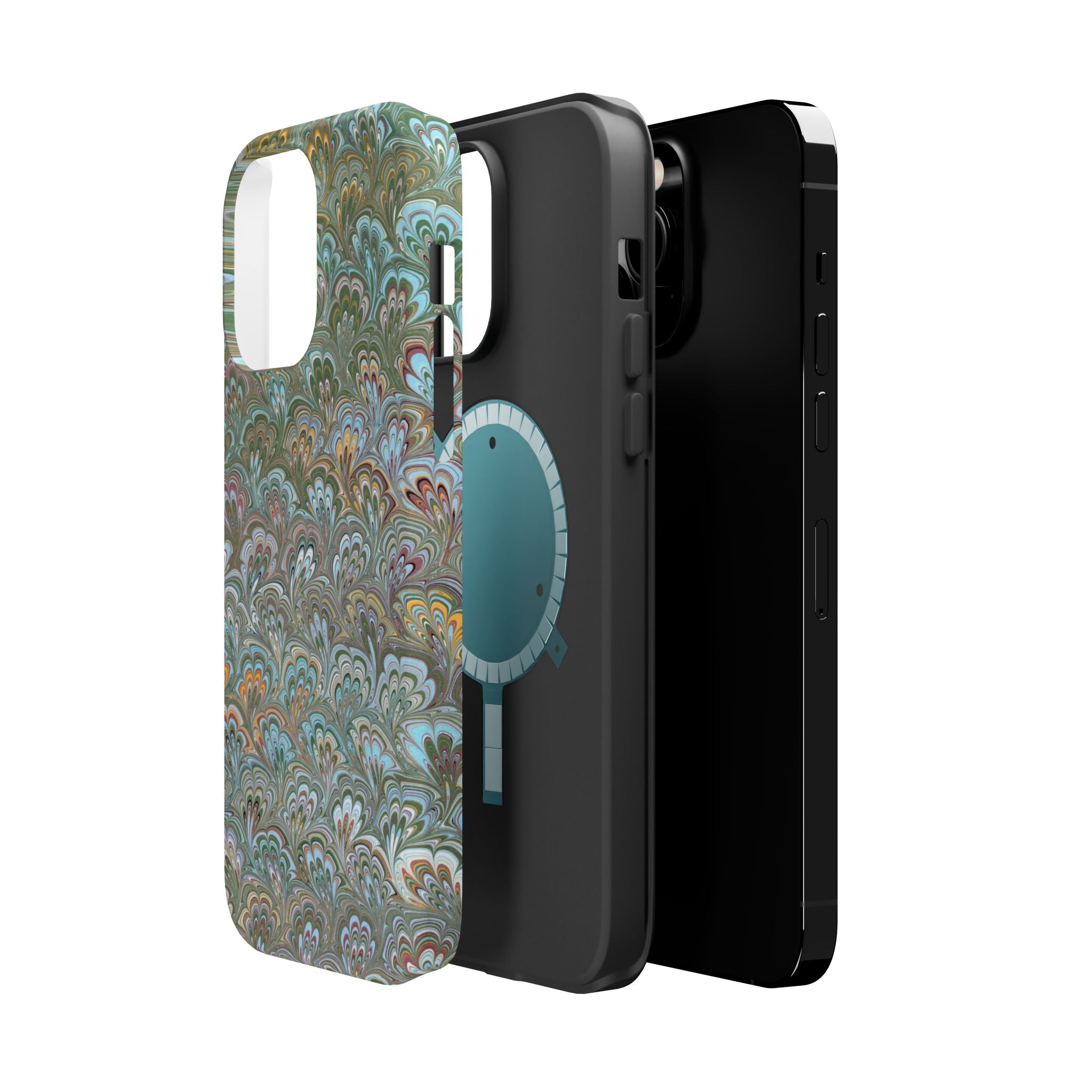 Green, Blue, + White Marbled Peacock - Dual Layer MAG SAFE Phone Case