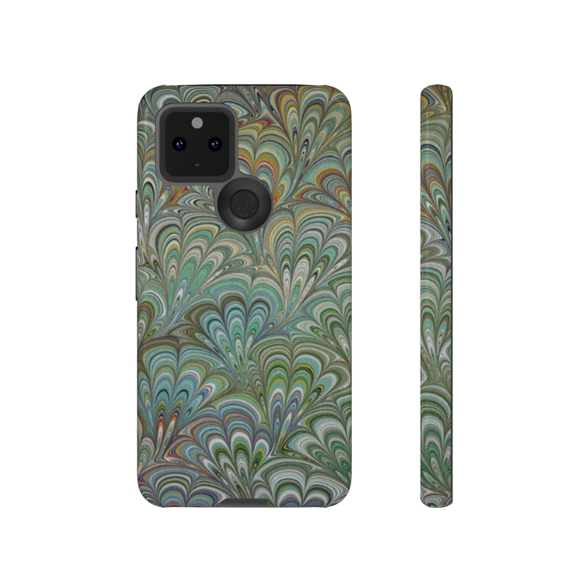 Green Marbled Peacock Durable Phone Case - Olive Green and Brown - Matte or Glossy