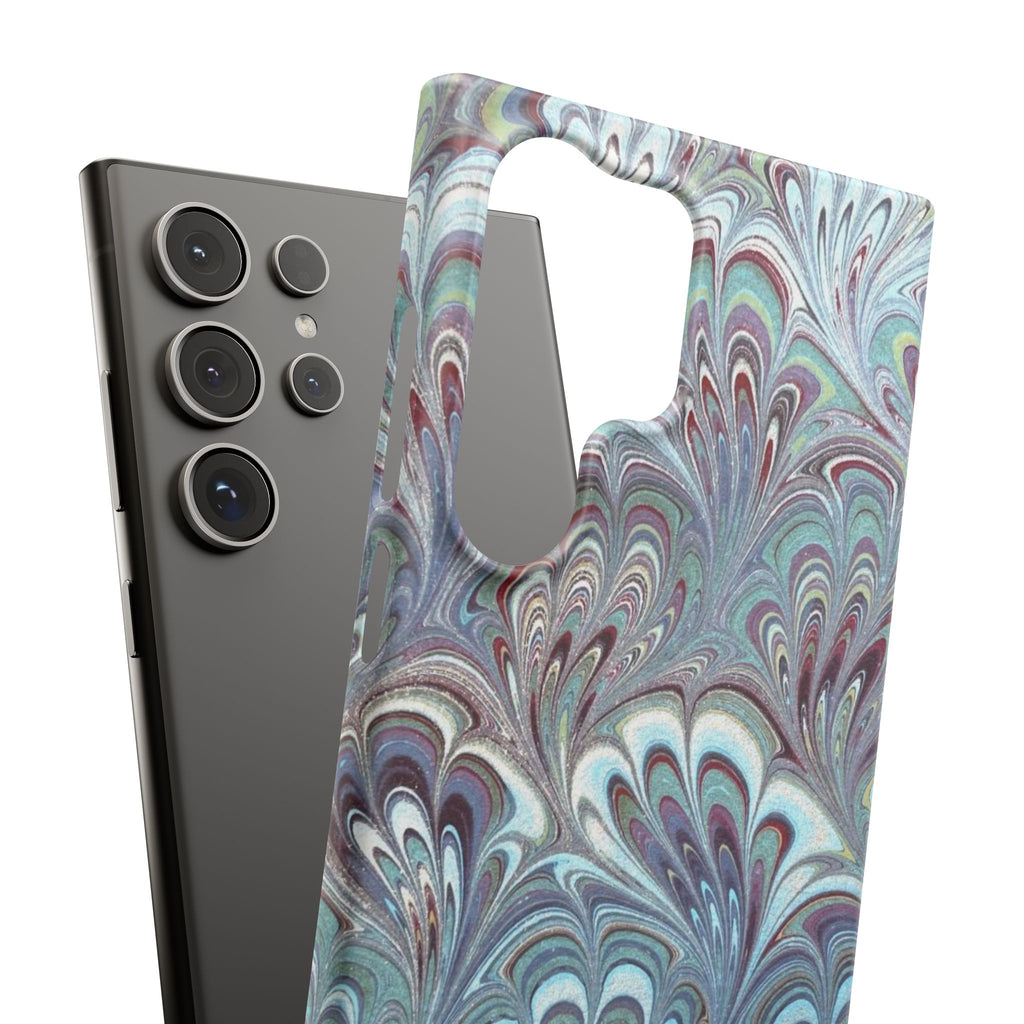 Marbled Feather Blue, White + Burgundy Swirl - Single Layer Slim Phone Case
