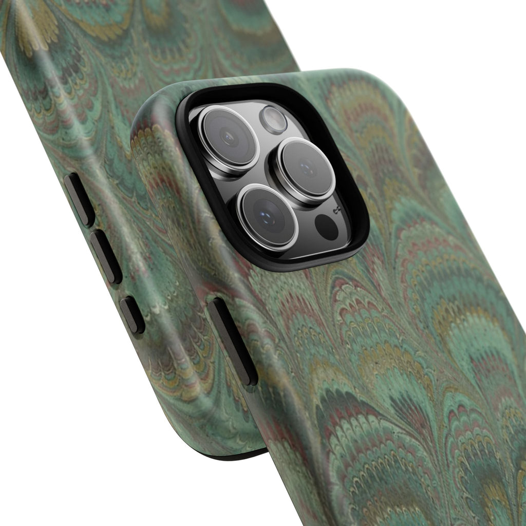 Marbled Peacock Durable Phone Case - Olive Green and Brown - Matte or Glossy