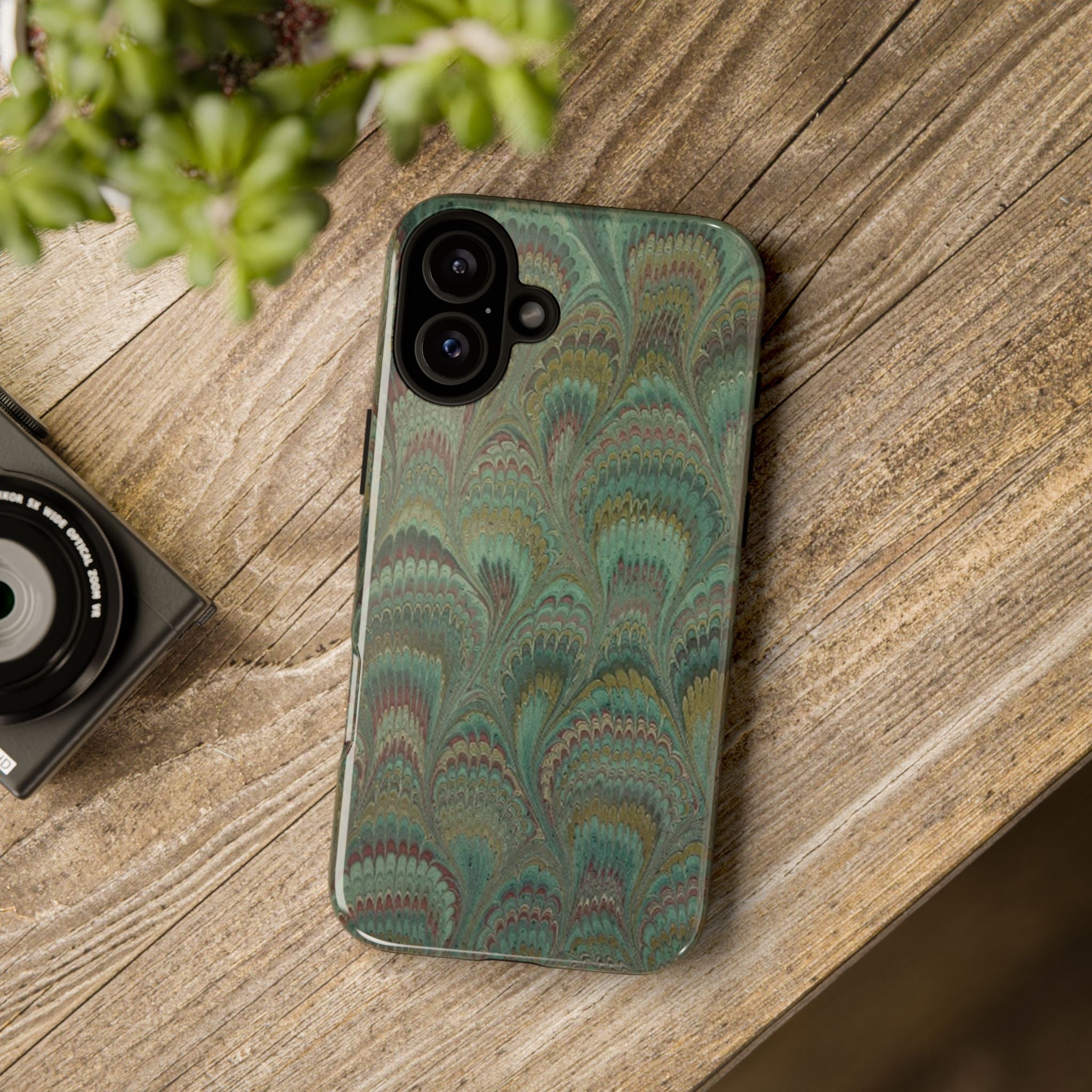 Marbled Peacock Durable Phone Case - Olive Green and Brown - Matte or Glossy