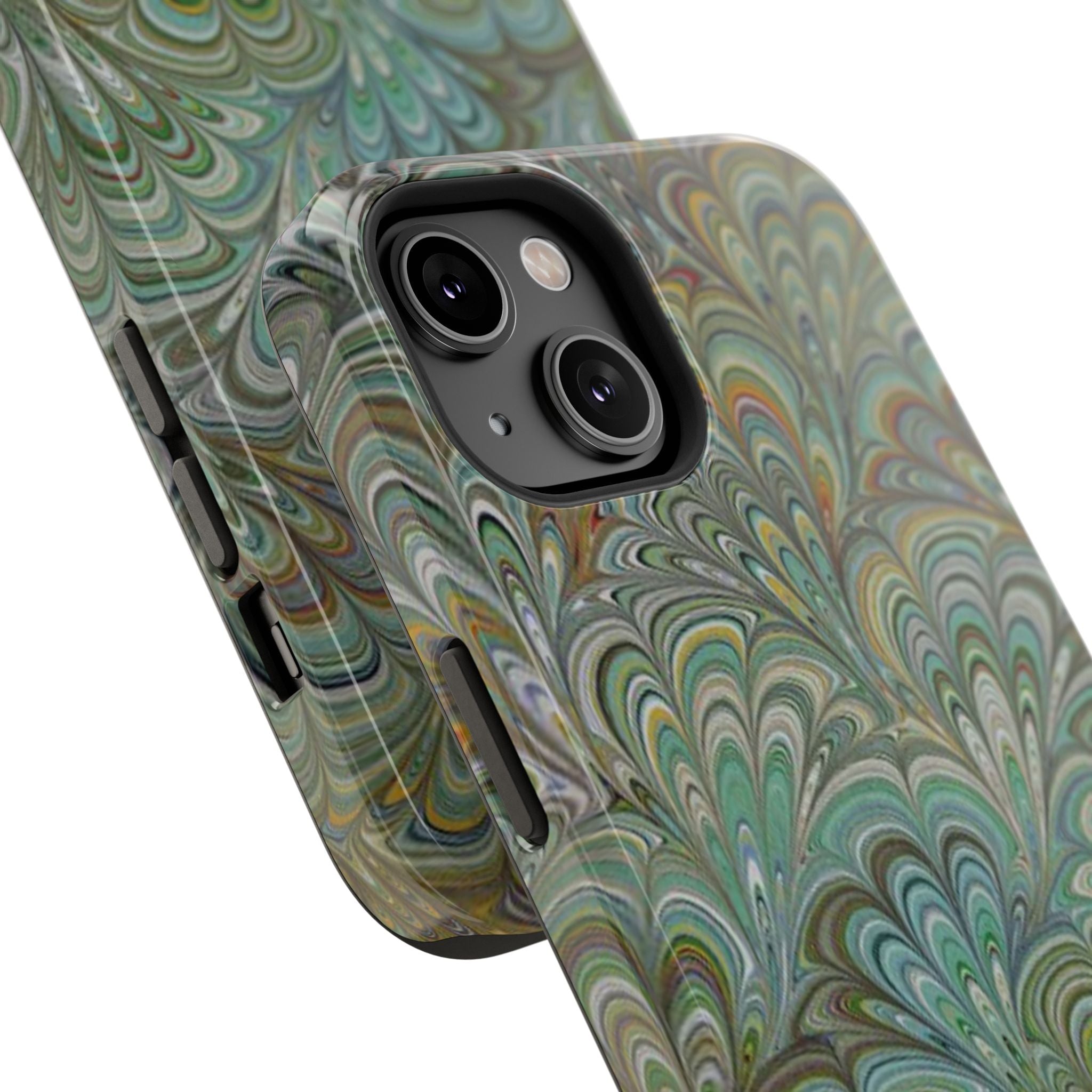 iPhone17 + All Models Phone Cases, Italian Peacock Feather Design, Stylish Impact-Resistant Shell, Protective Cover, Green Peacock Print