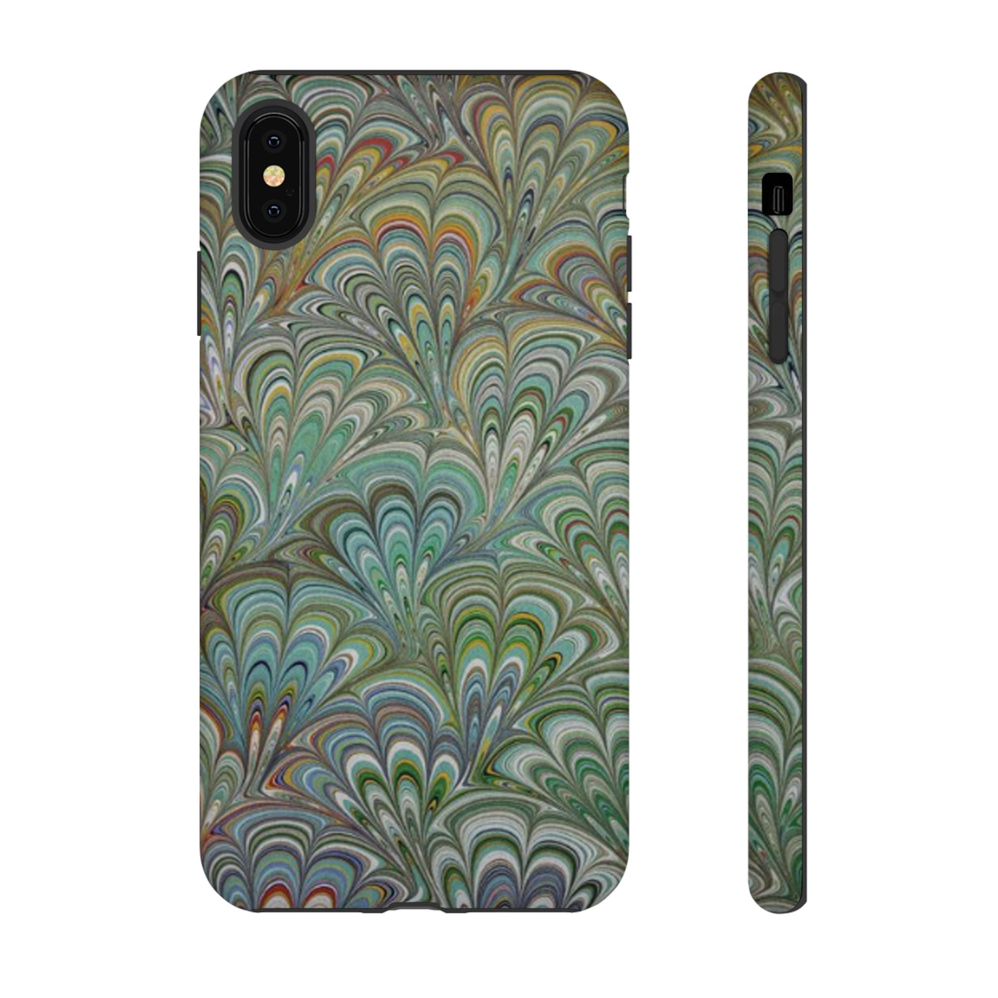 Green Marbled Peacock Durable Phone Case - Olive Green and Brown - Matte or Glossy
