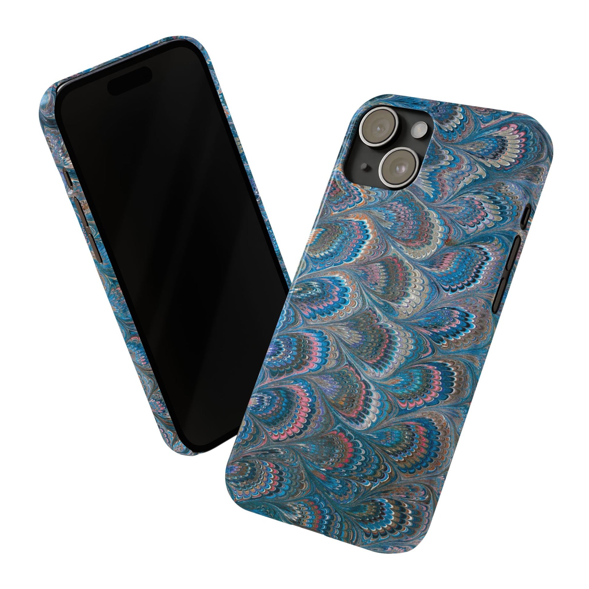 Blue and Pink FEATHER PEACKOCK Marbled VIntage Design, Italian Feather Phone Case, Slim Phone Cases, IPHONE 16 and all sizes