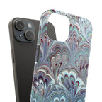 Marbled Feather Blue, White + Burgundy Swirl - Single Layer Slim Phone Case
