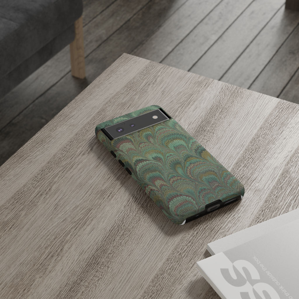 Marbled Peacock Durable Phone Case - Olive Green and Brown - Matte or Glossy