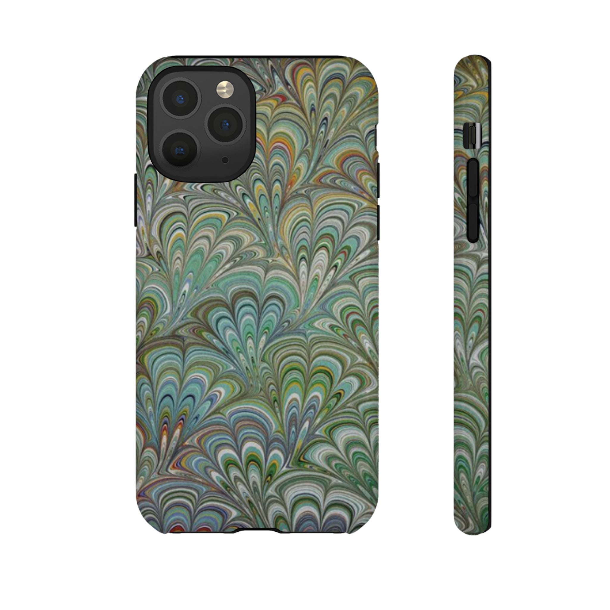 Green Marbled Peacock Durable Phone Case - Olive Green and Brown - Matte or Glossy