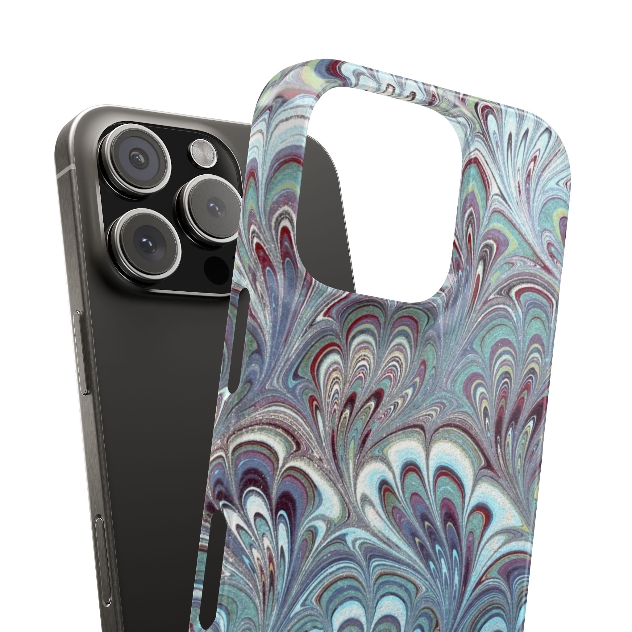 Marbled Feather Blue, White + Burgundy Swirl - Single Layer Slim Phone Case