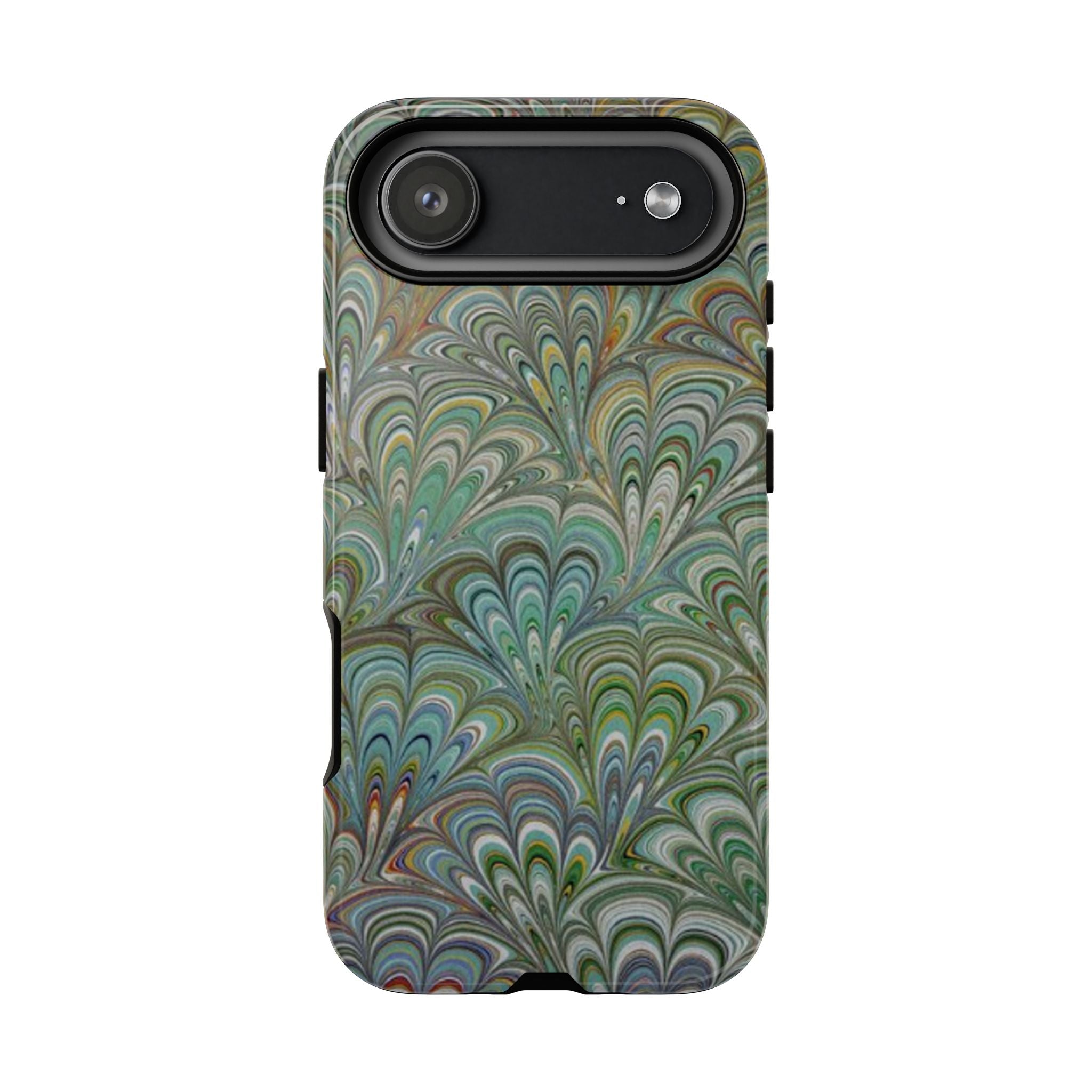 Green Marbled Peacock Durable Phone Case - Olive Green and Brown - Matte or Glossy
