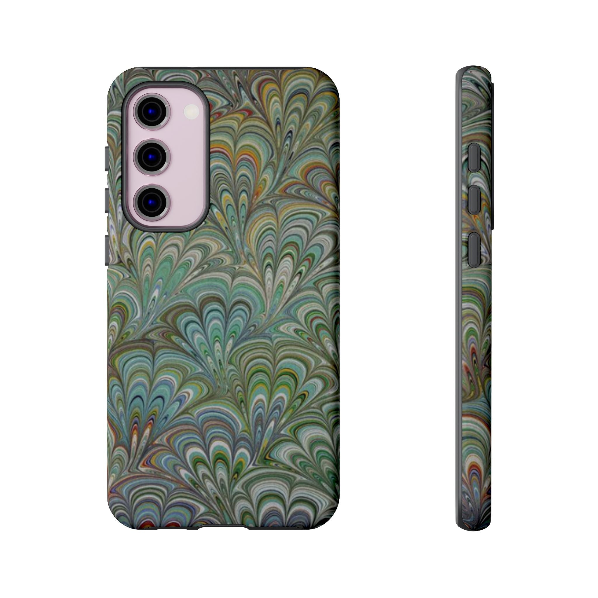 Green Marbled Peacock Durable Phone Case - Olive Green and Brown - Matte or Glossy