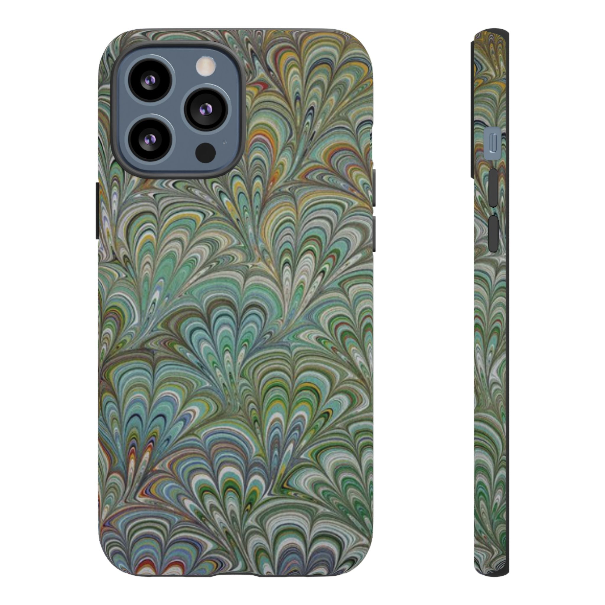 Green Marbled Peacock Durable Phone Case - Olive Green and Brown - Matte or Glossy