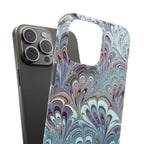 Marbled Feather Blue, White + Burgundy Swirl - Single Layer Slim Phone Case