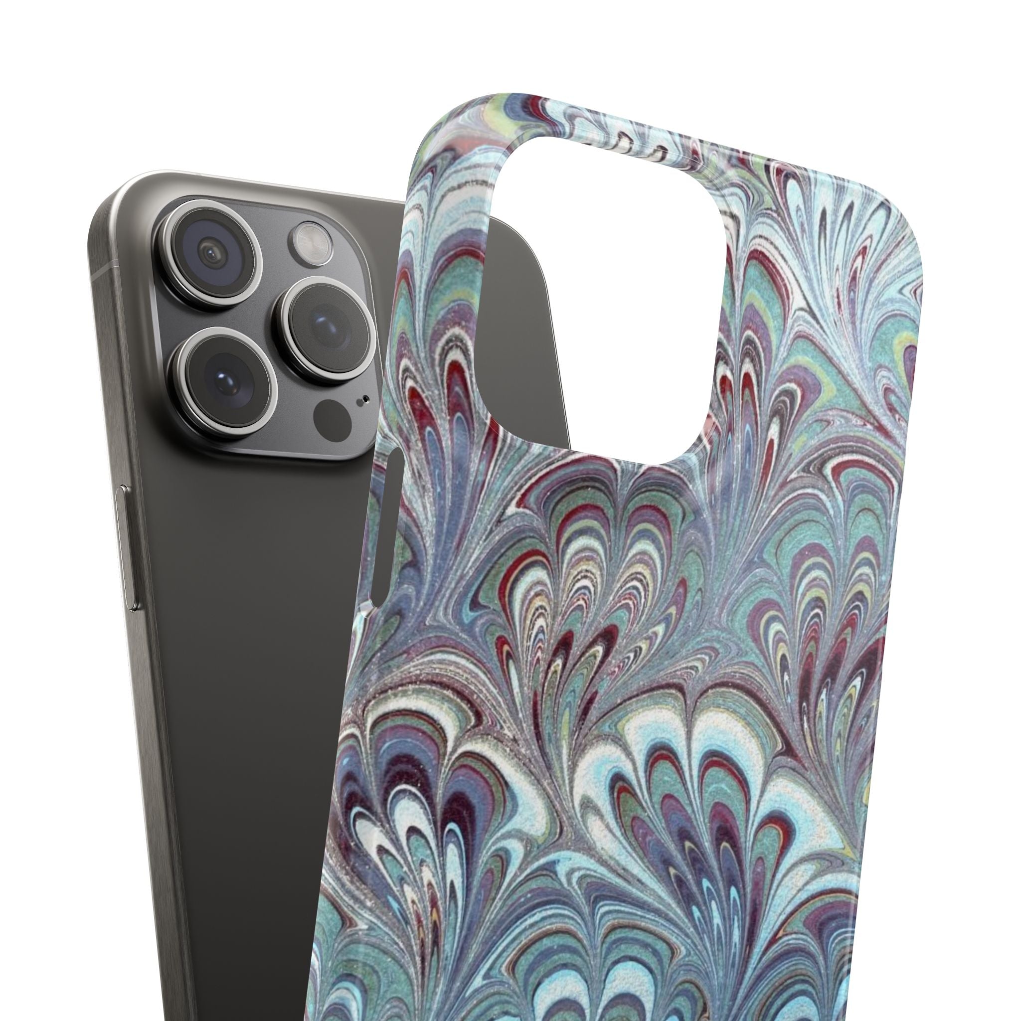 Marbled Feather Blue, White + Burgundy Swirl - Single Layer Slim Phone Case
