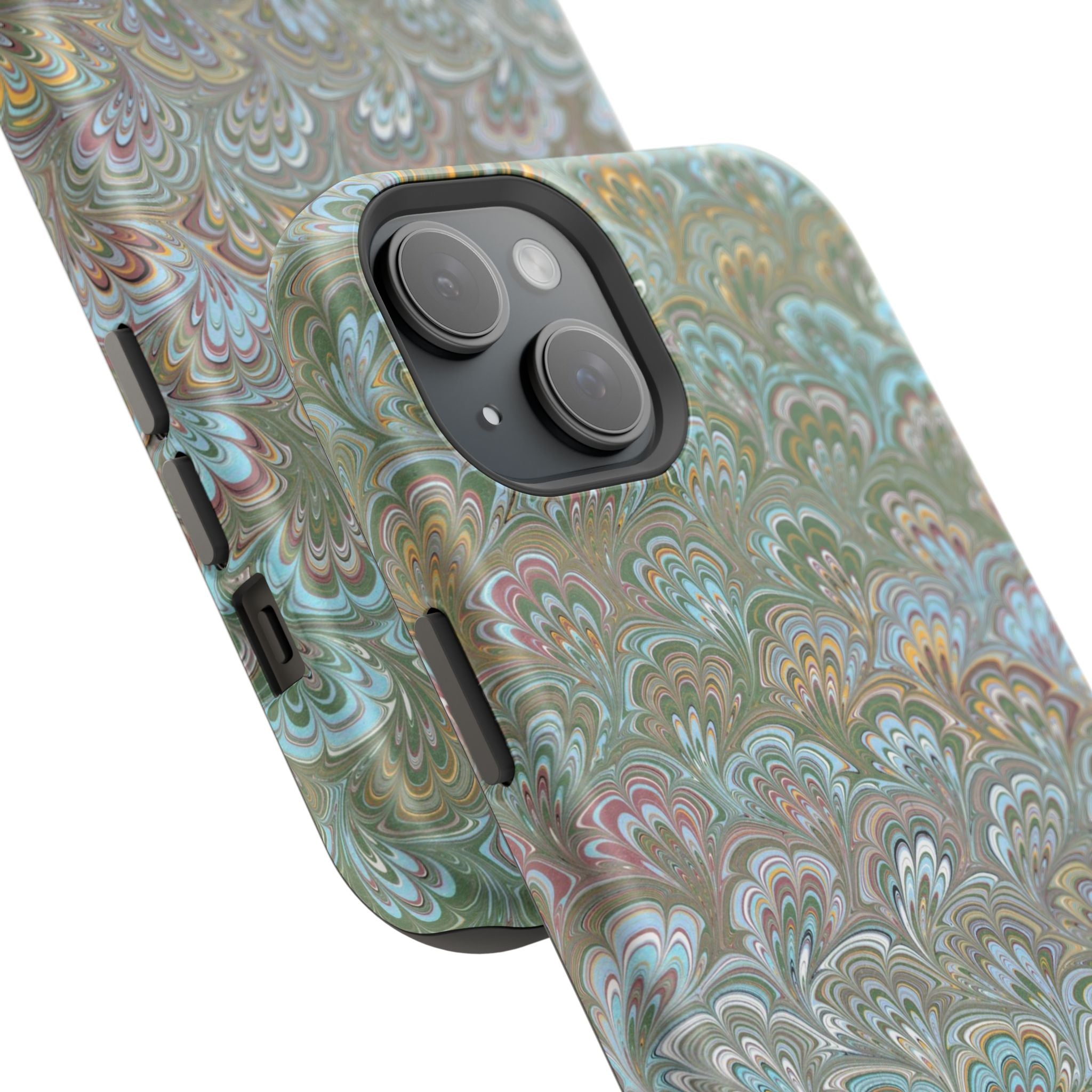 Green, Blue, + White Marbled Peacock - Dual Layer MAG SAFE Phone Case