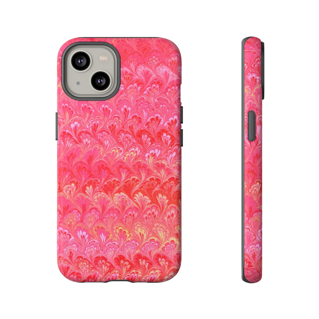 Pink and Gold Marbled Peacock Durable Phone Case - Olive Green and Brown - Matte or Glossy