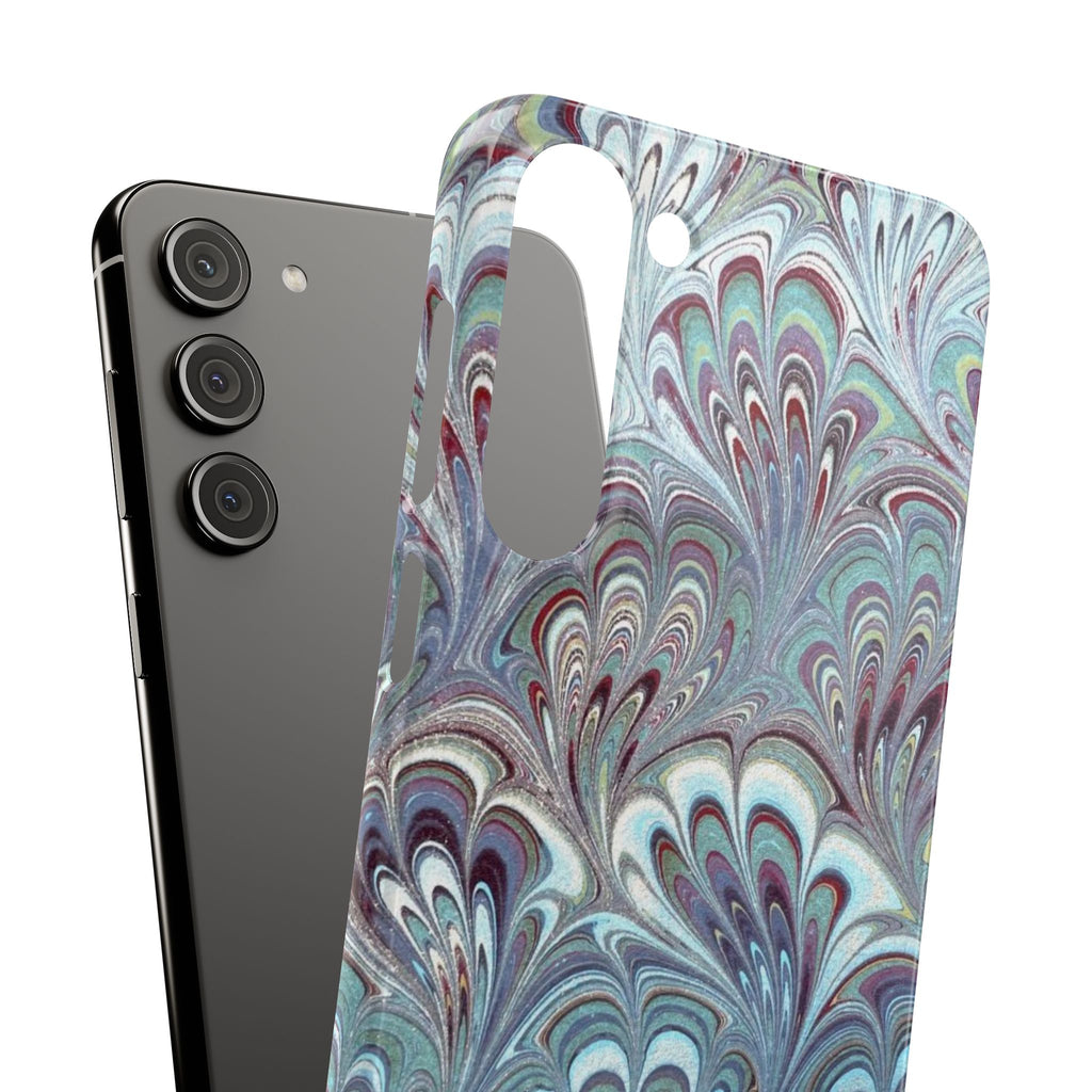 Marbled Feather Blue, White + Burgundy Swirl - Single Layer Slim Phone Case