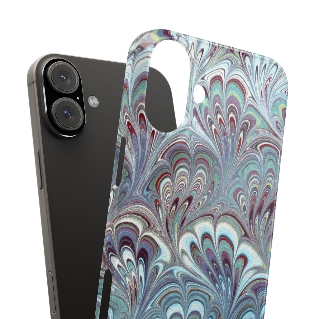 Marbled Feather Blue, White + Burgundy Swirl - Single Layer Slim Phone Case