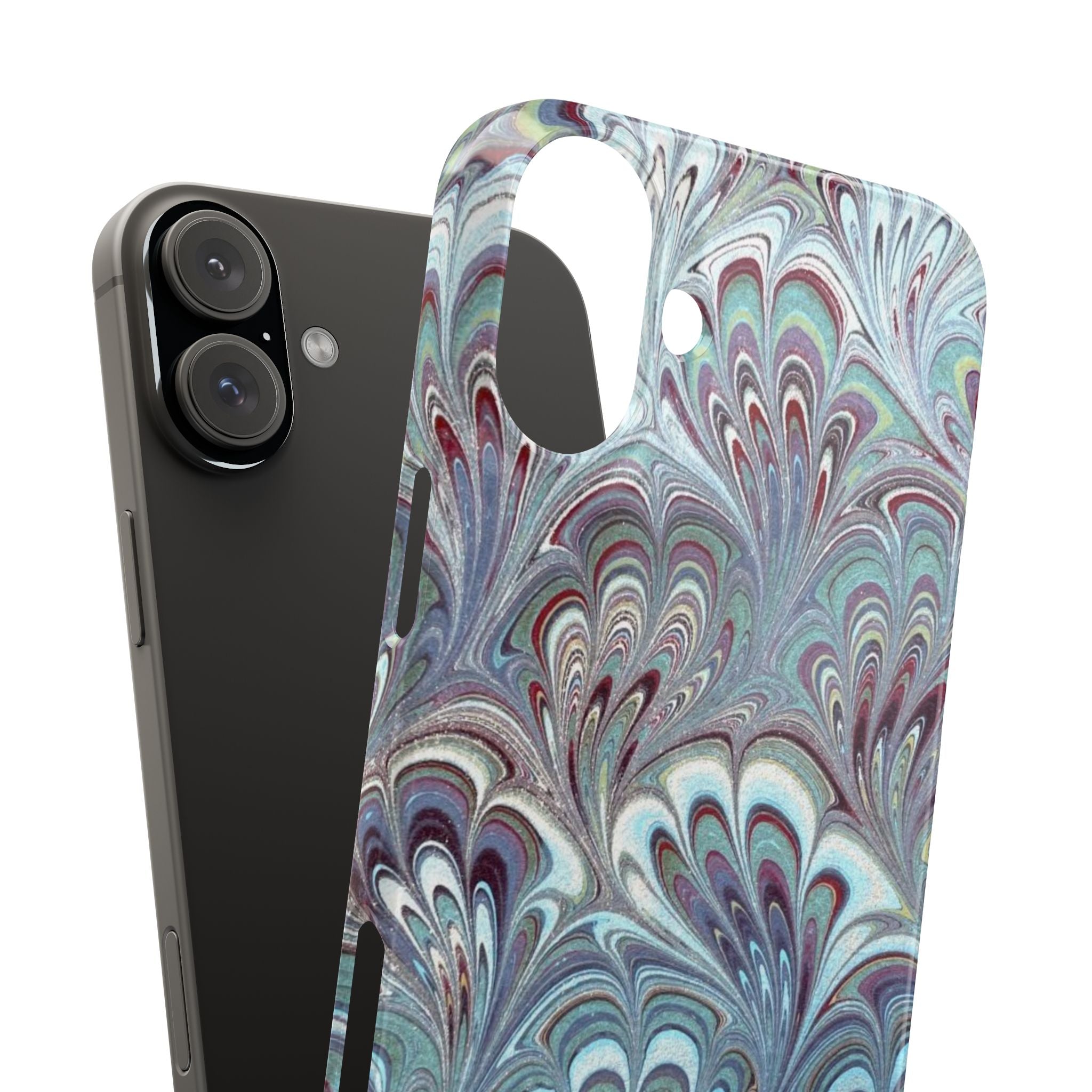 Marbled Feather Blue, White + Burgundy Swirl - Single Layer Slim Phone Case