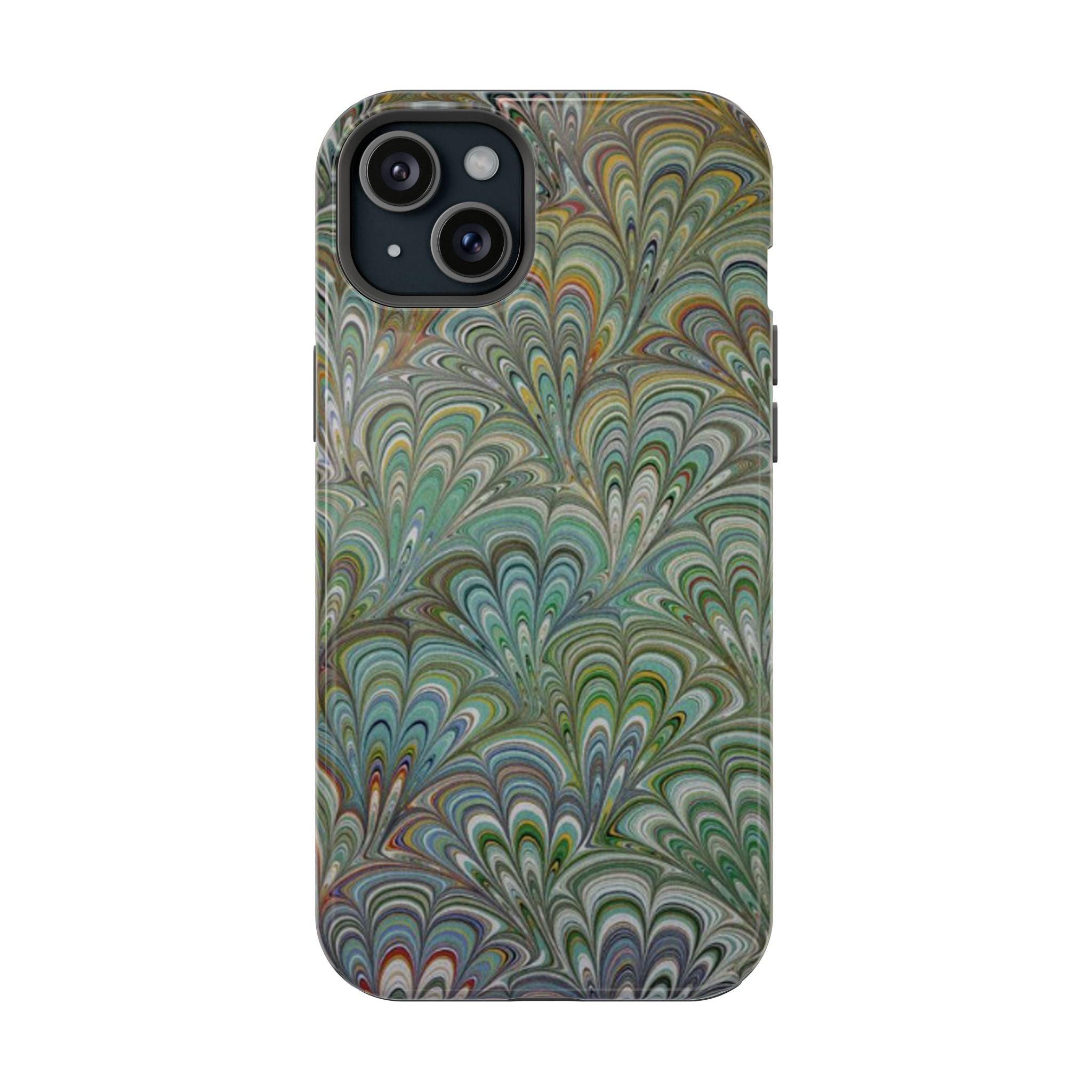 iPhone17 + All Models Phone Cases, Italian Peacock Feather Design, Stylish Impact-Resistant Shell, Protective Cover, Green Peacock Print