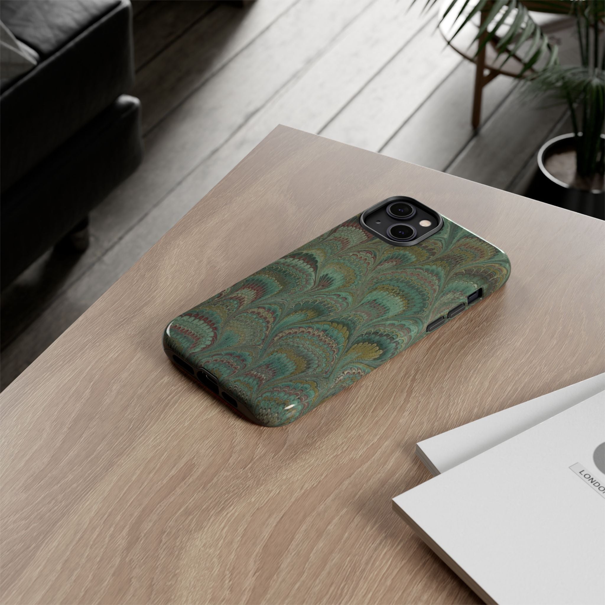 Marbled Peacock Durable Phone Case - Olive Green and Brown - Matte or Glossy