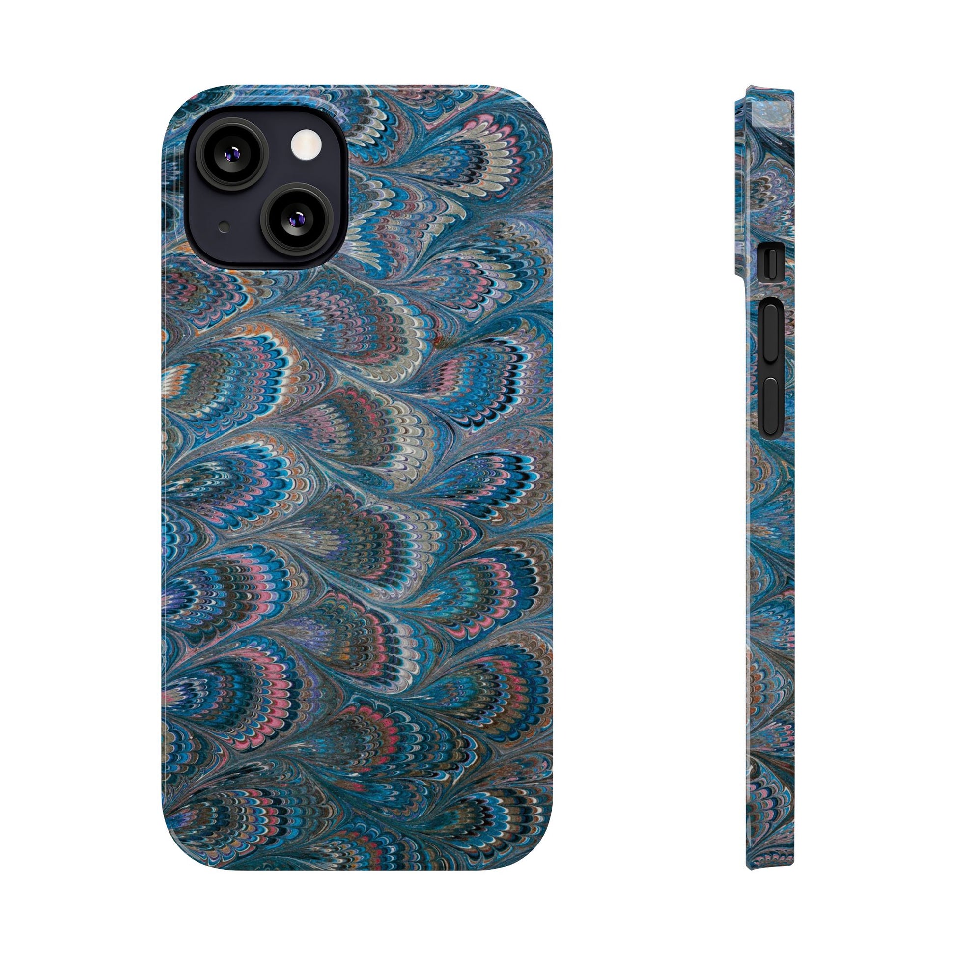 Blue and Pink FEATHER PEACKOCK Marbled VIntage Design, Italian Feather Phone Case, Slim Phone Cases, IPHONE 16 and all sizes