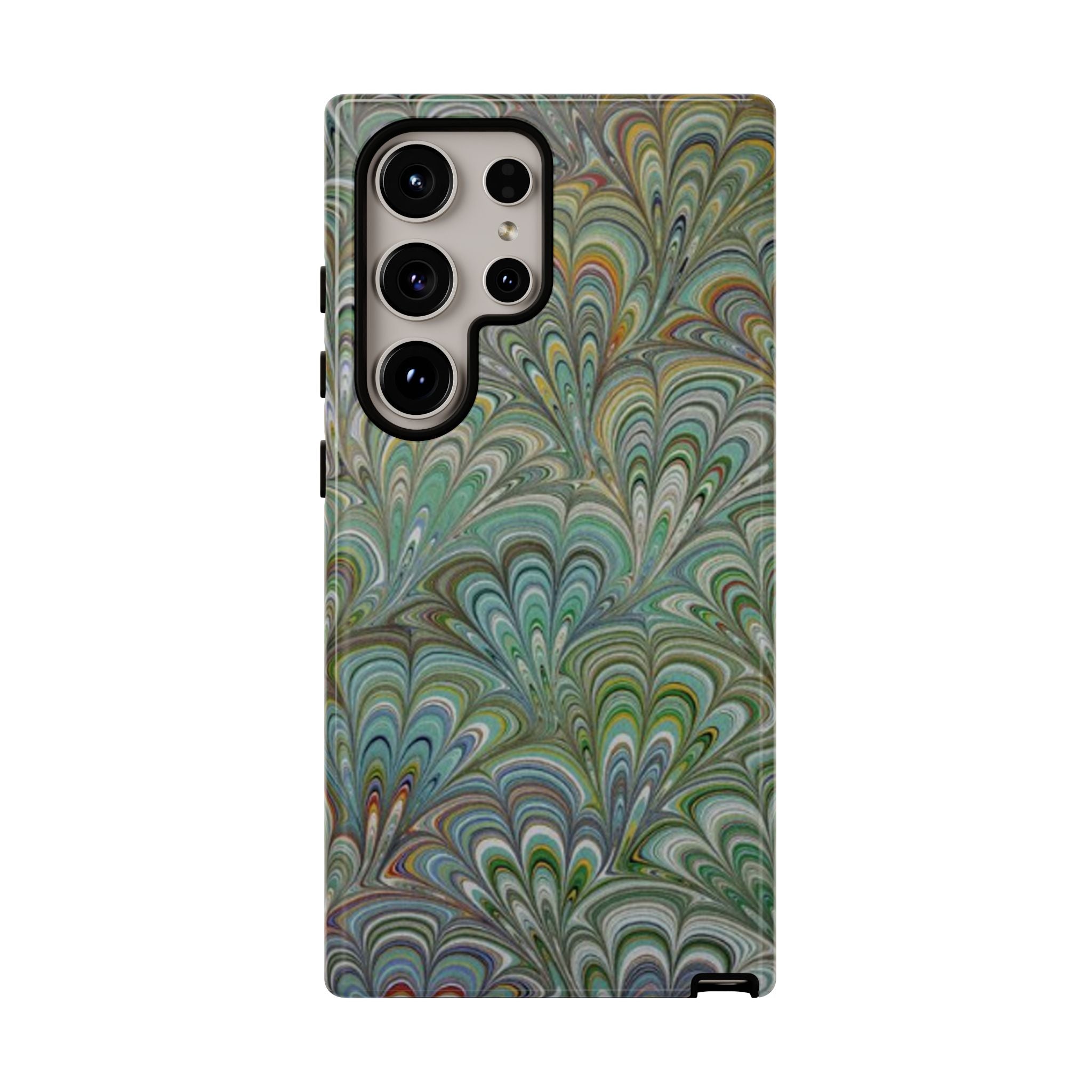 Green Marbled Peacock Durable Phone Case - Olive Green and Brown - Matte or Glossy