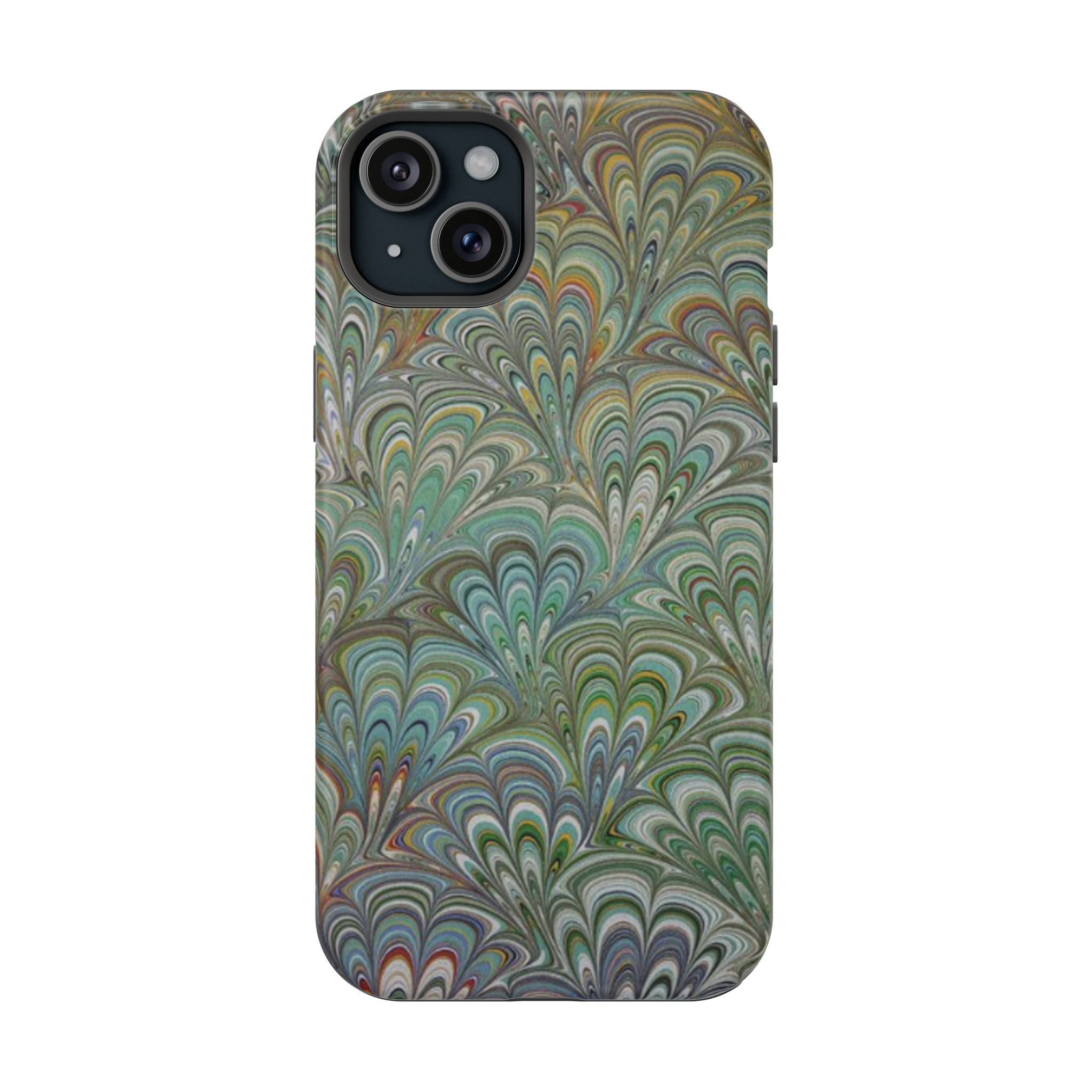 iPhone17 + All Models Phone Cases, Italian Peacock Feather Design, Stylish Impact-Resistant Shell, Protective Cover, Green Peacock Print