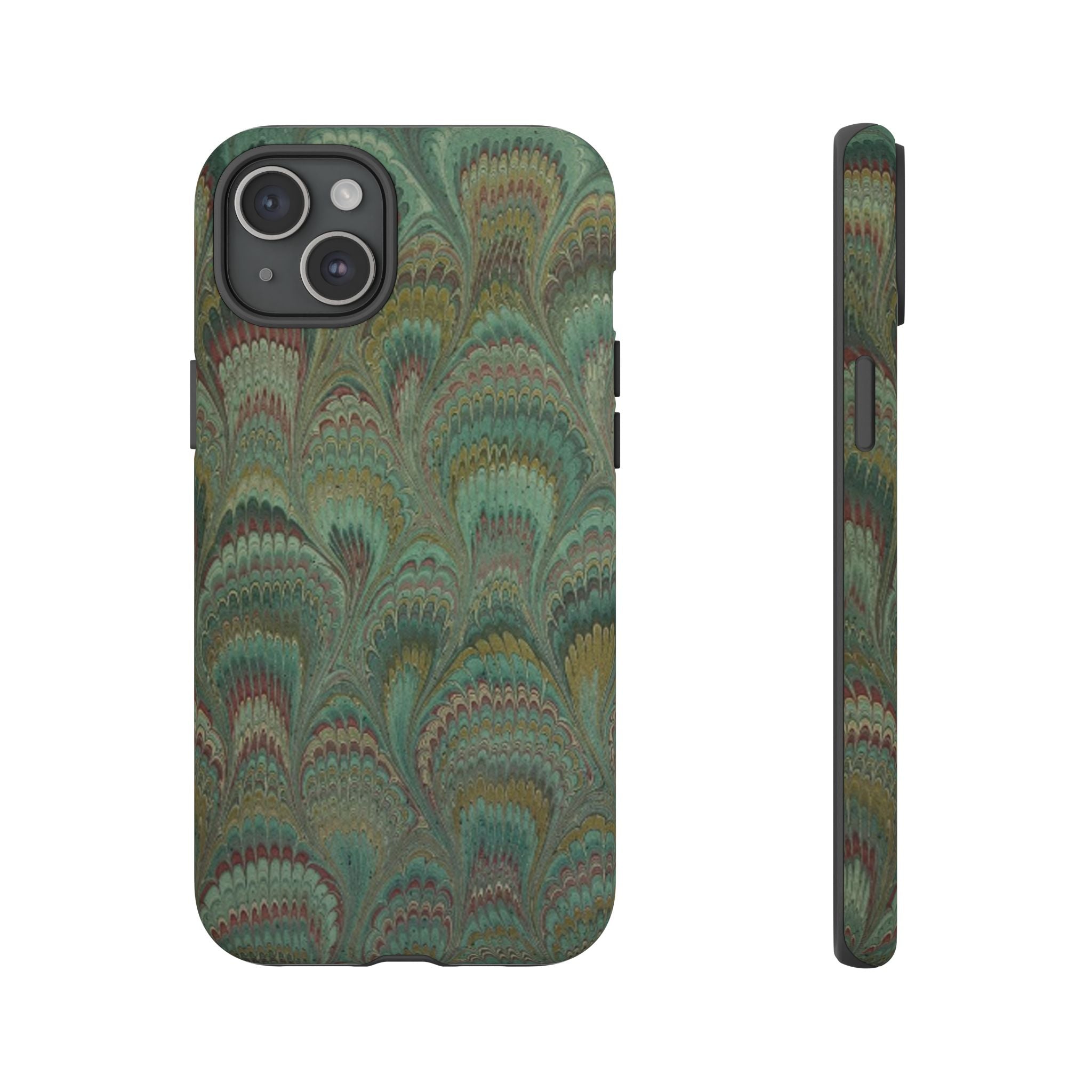 Marbled Peacock Durable Phone Case - Olive Green and Brown - Matte or Glossy