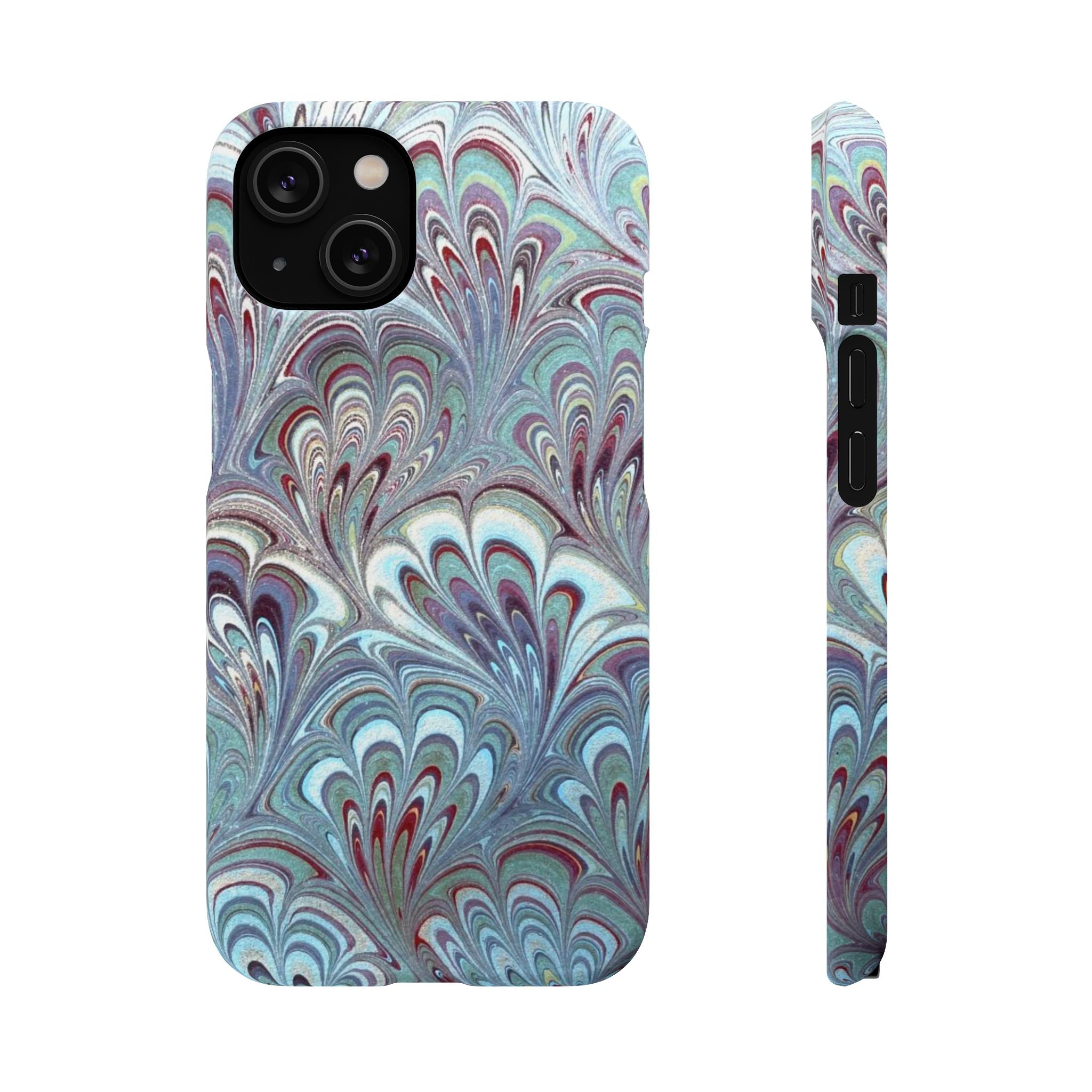 Marbled Feather Blue, White + Burgundy Swirl - Single Layer Slim Phone Case