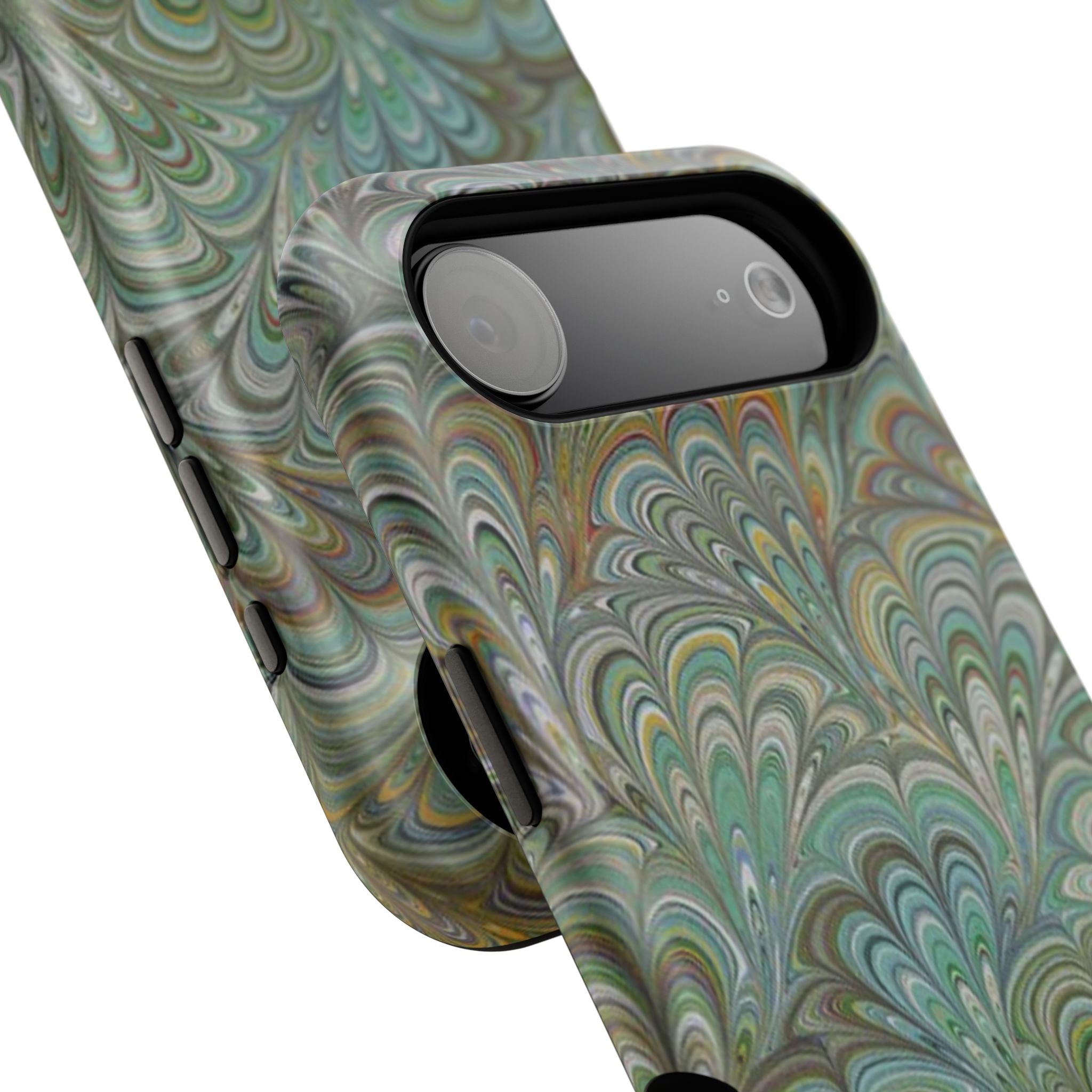 iPhone17 + All Models Phone Cases, Italian Peacock Feather Design, Stylish Impact-Resistant Shell, Protective Cover, Green Peacock Print