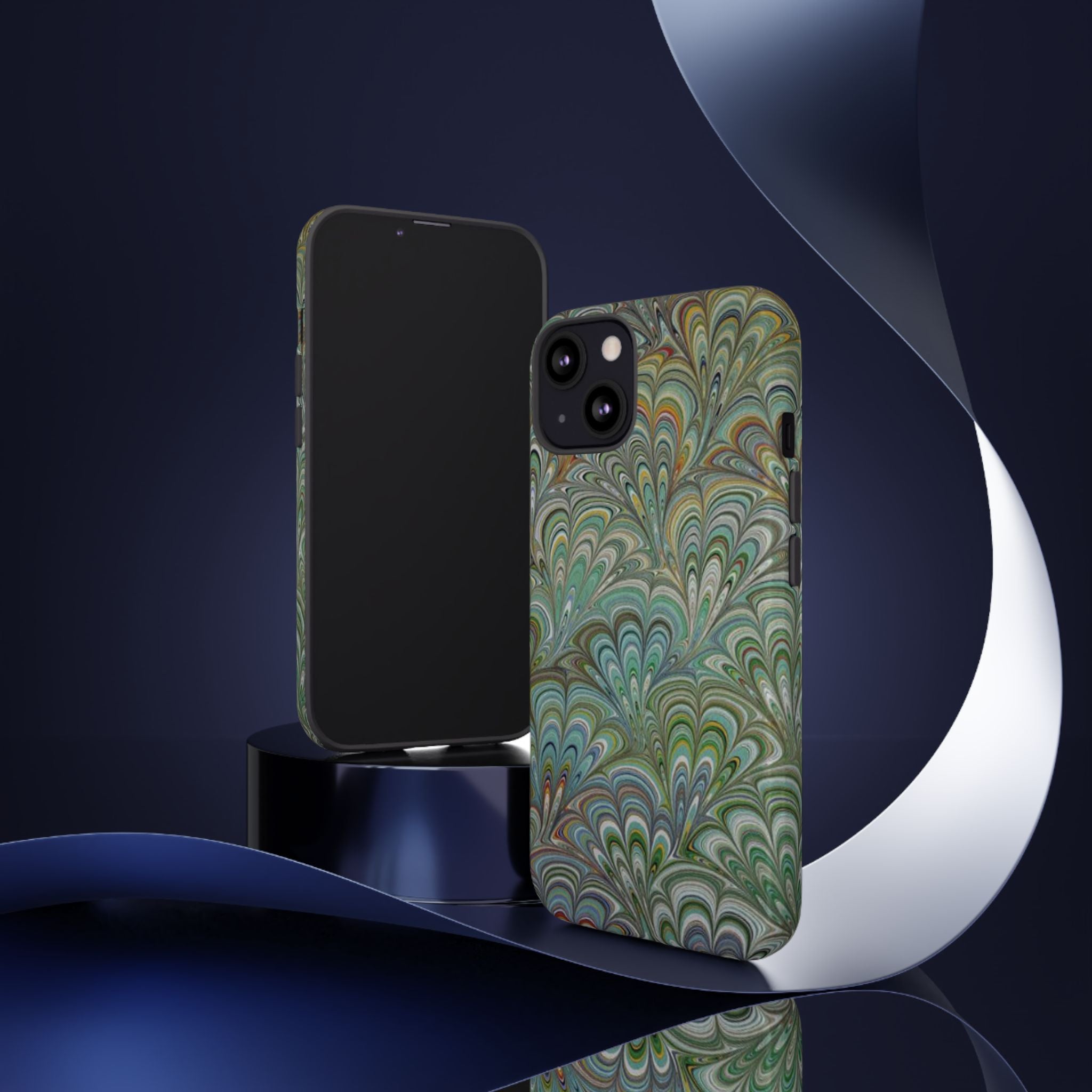 Green Marbled Peacock Durable Phone Case - Olive Green and Brown - Matte or Glossy