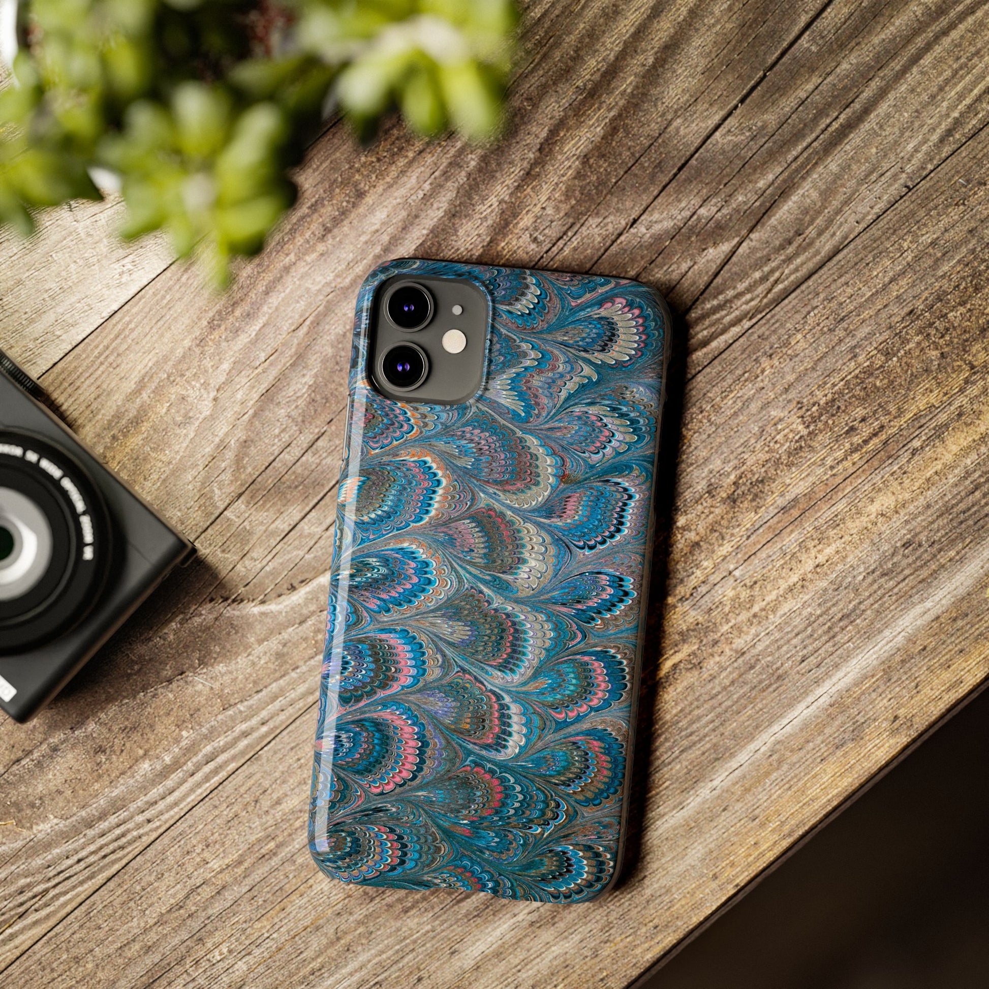 Blue and Pink FEATHER PEACKOCK Marbled VIntage Design, Italian Feather Phone Case, Slim Phone Cases, IPHONE 16 and all sizes