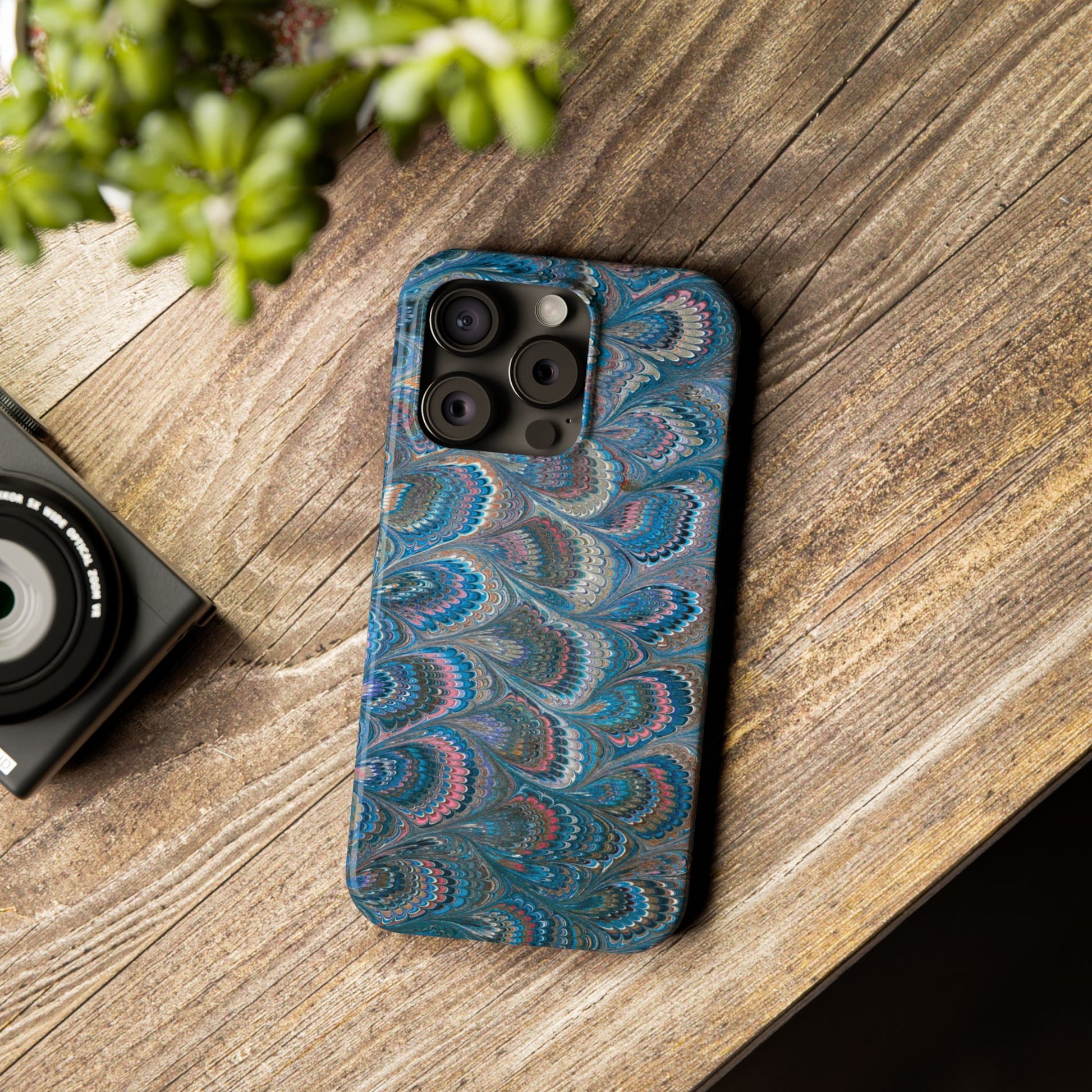 Blue and Pink FEATHER PEACKOCK Marbled VIntage Design, Italian Feather Phone Case, Slim Phone Cases, IPHONE 16 and all sizes