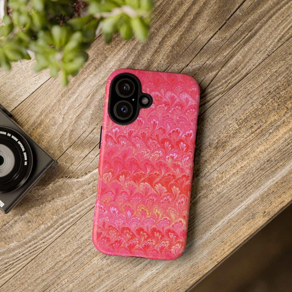 Pink and Gold Marbled Peacock Durable Phone Case - Olive Green and Brown - Matte or Glossy