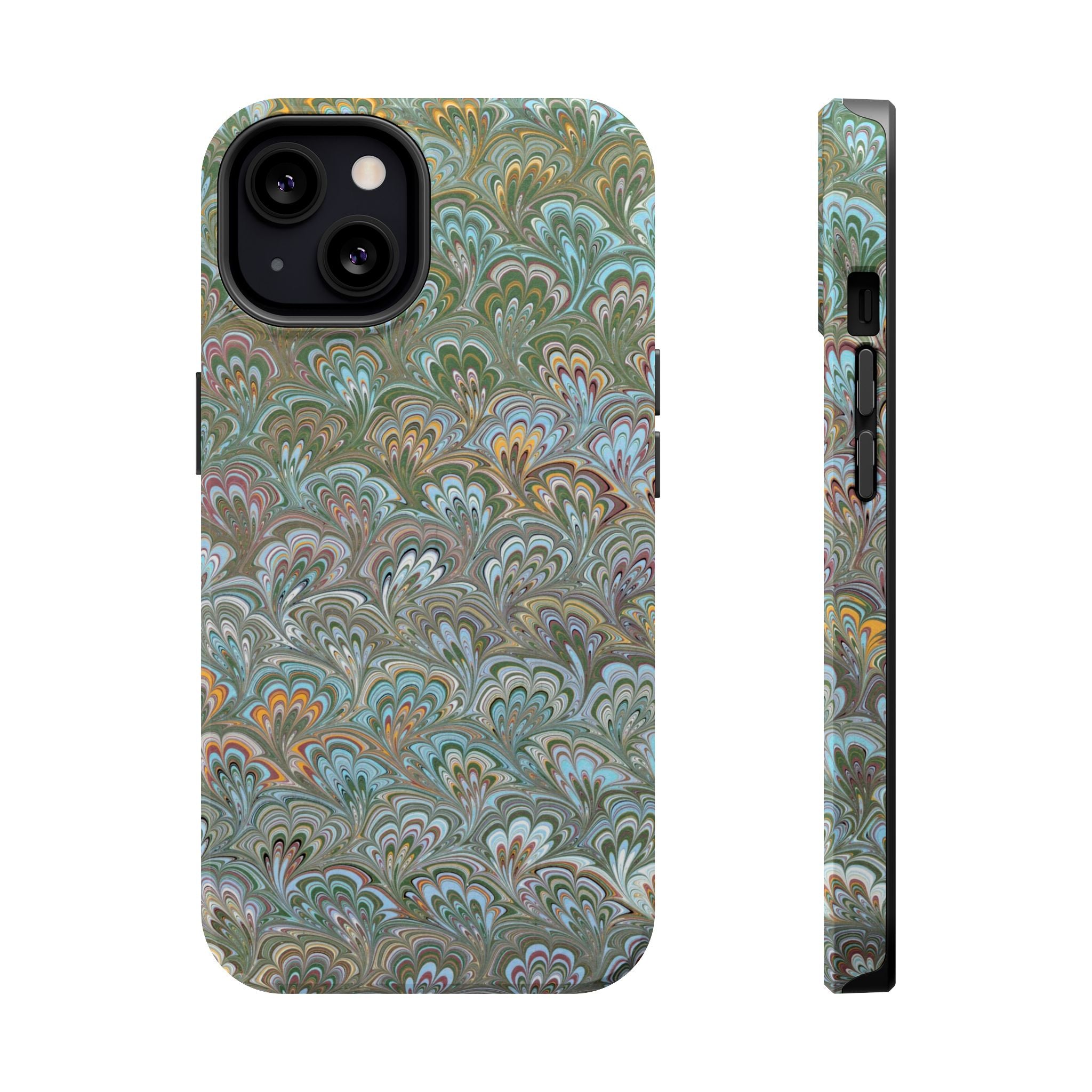 Green, Blue, + White Marbled Peacock - Dual Layer MAG SAFE Phone Case