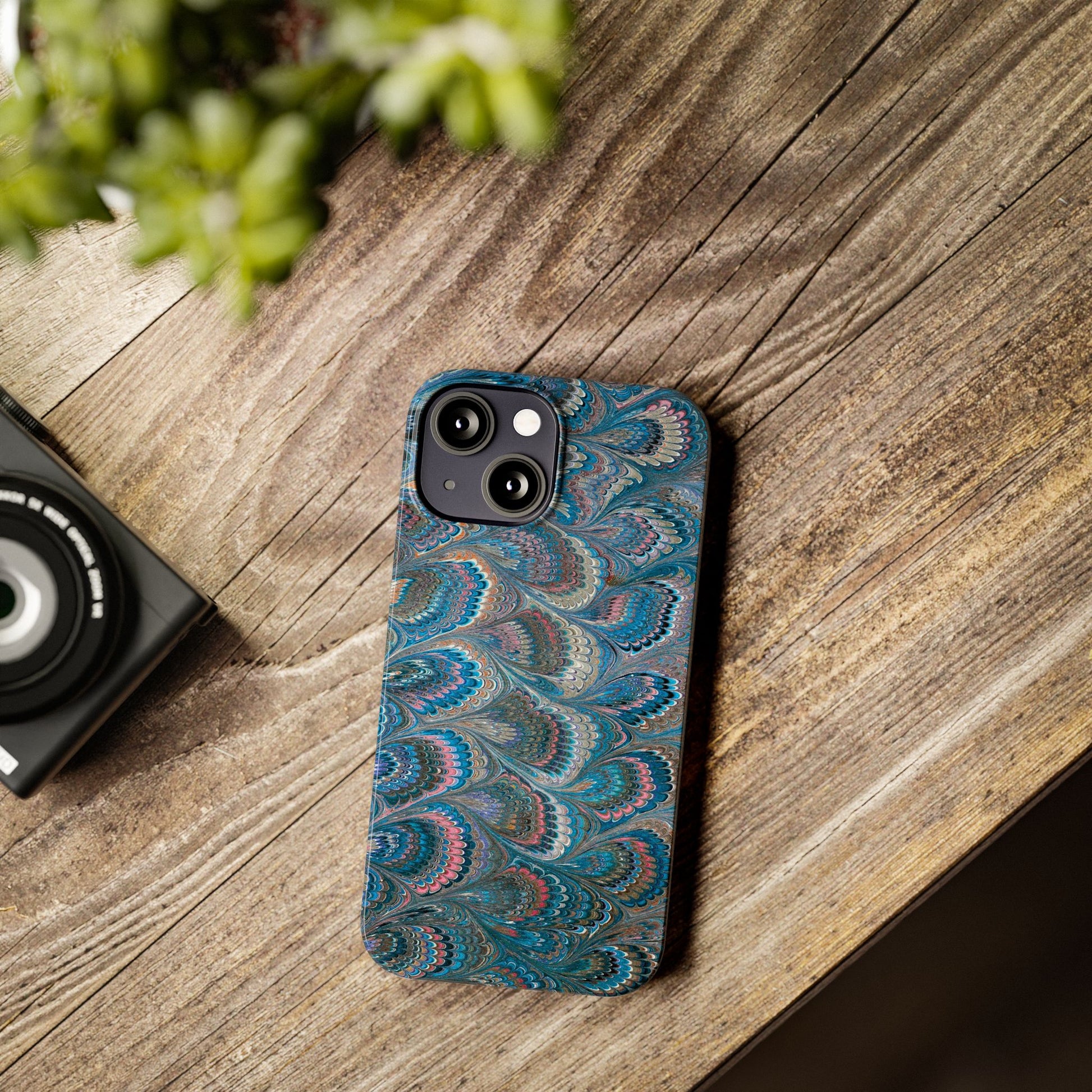 Blue and Pink FEATHER PEACKOCK Marbled VIntage Design, Italian Feather Phone Case, Slim Phone Cases, IPHONE 16 and all sizes