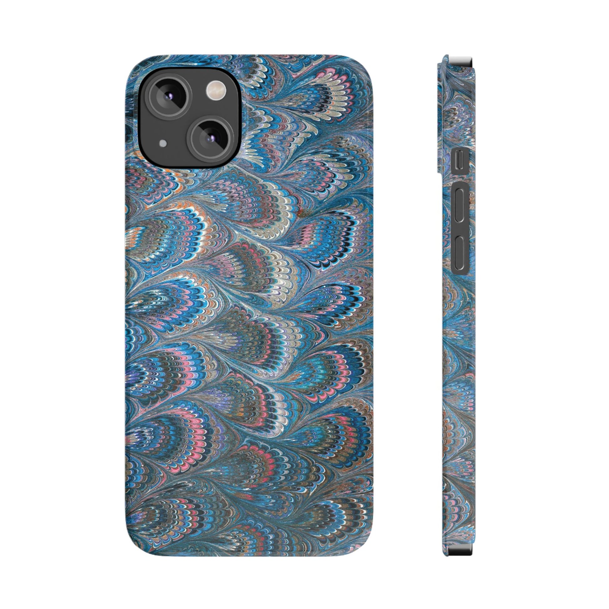 Blue and Pink FEATHER PEACKOCK Marbled VIntage Design, Italian Feather Phone Case, Slim Phone Cases, IPHONE 16 and all sizes