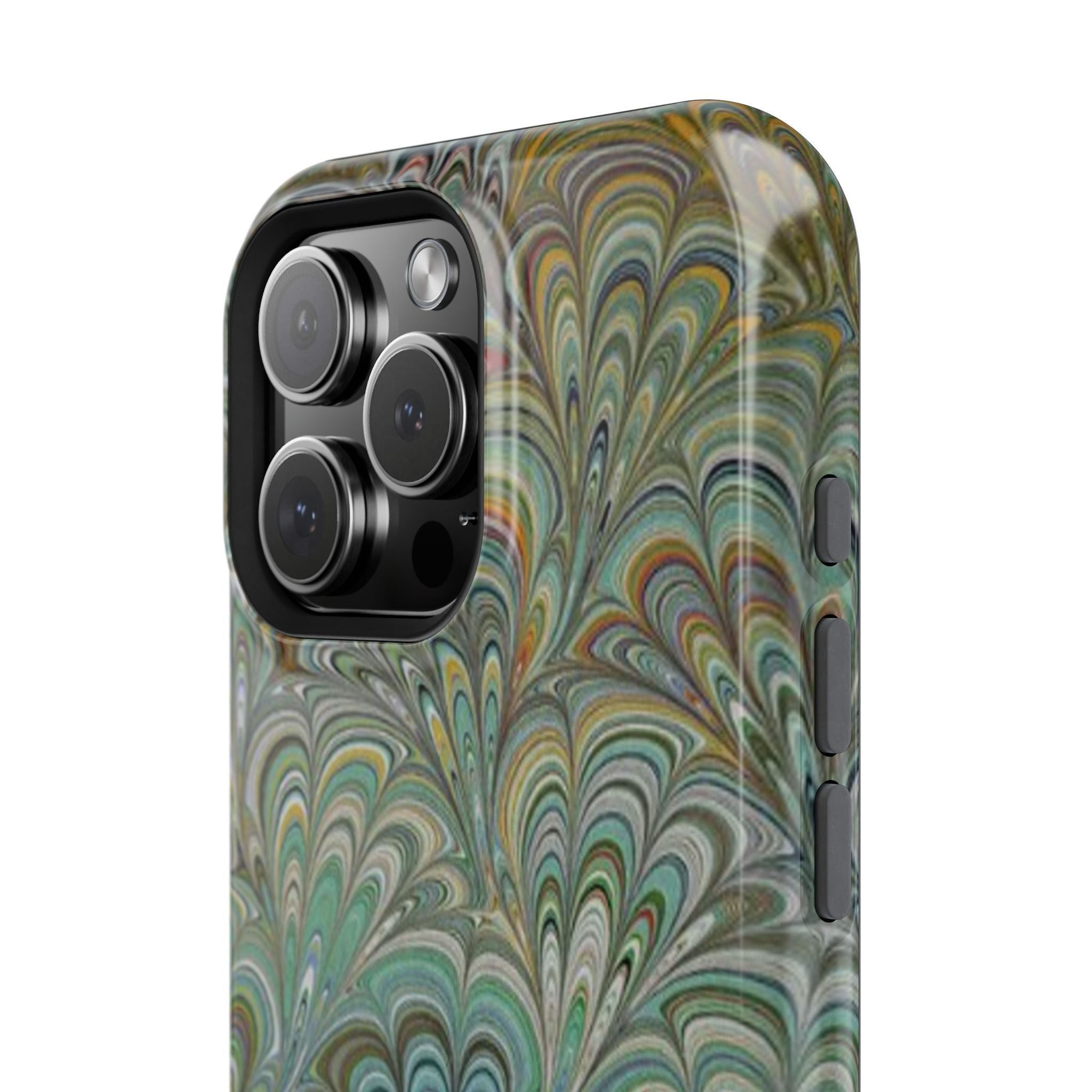iPhone17 + All Models Phone Cases, Italian Peacock Feather Design, Stylish Impact-Resistant Shell, Protective Cover, Green Peacock Print