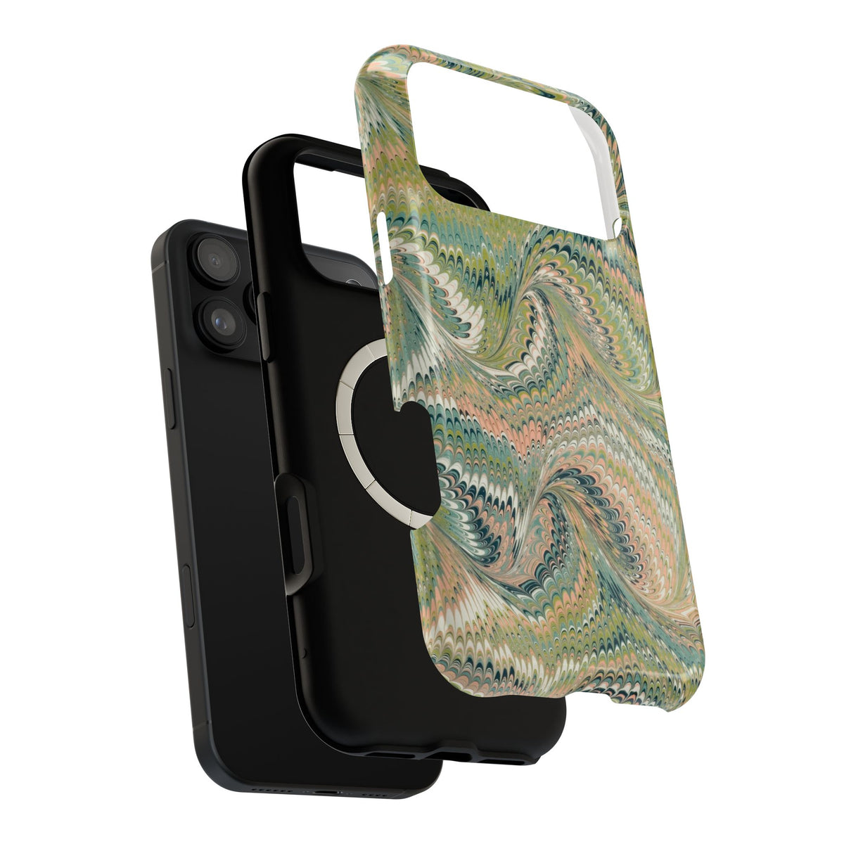 Green and Peach Swirl Florentine Marbled Magnetic MAG SAFE - Dual Layer - iPhone 18